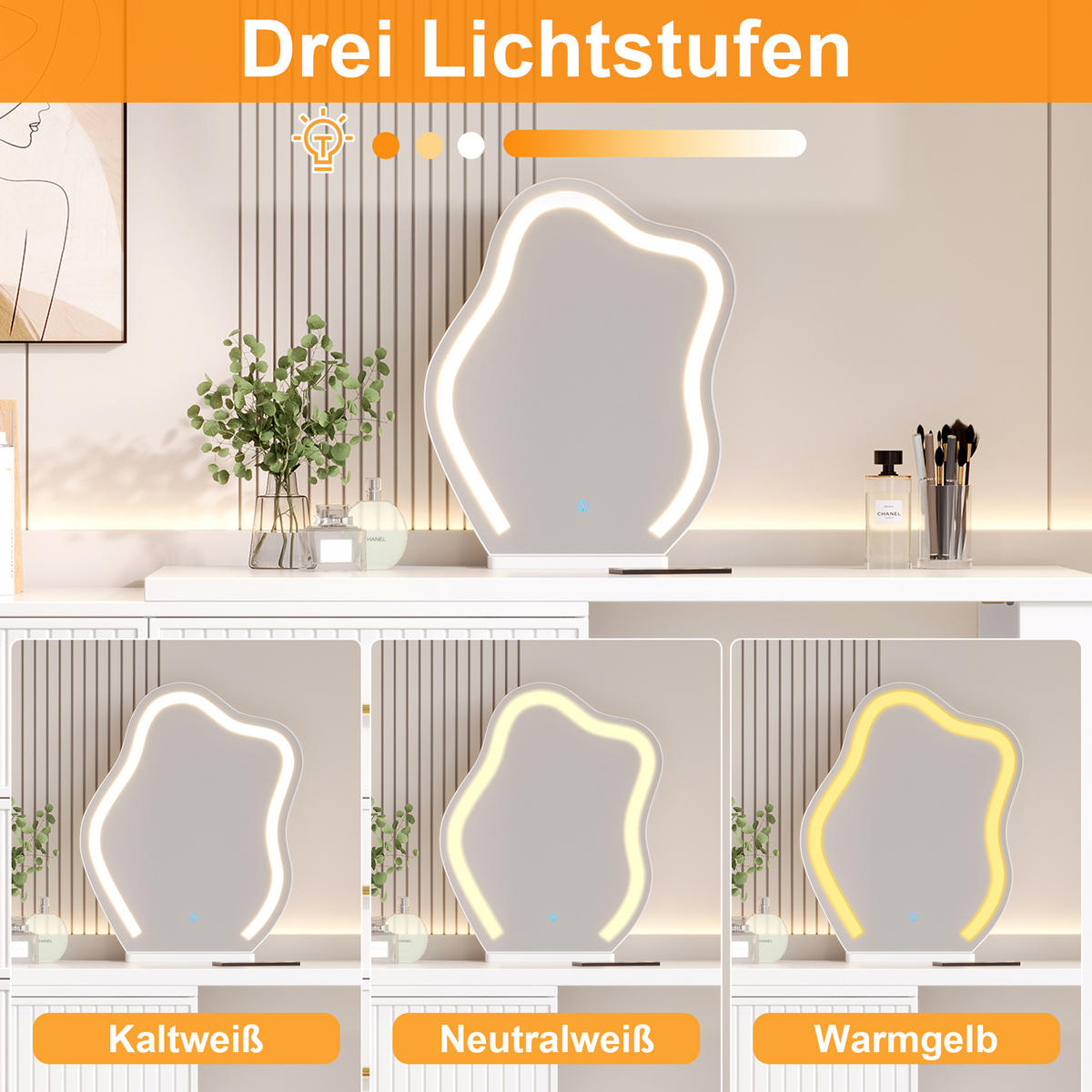 SCHMINKTISCH Drehbar L-Form Weiß Gold LED-Spiegel 6 Schubladen - Weiß, Holzwerkstoff (110/129/40cm) - Urban Meuble