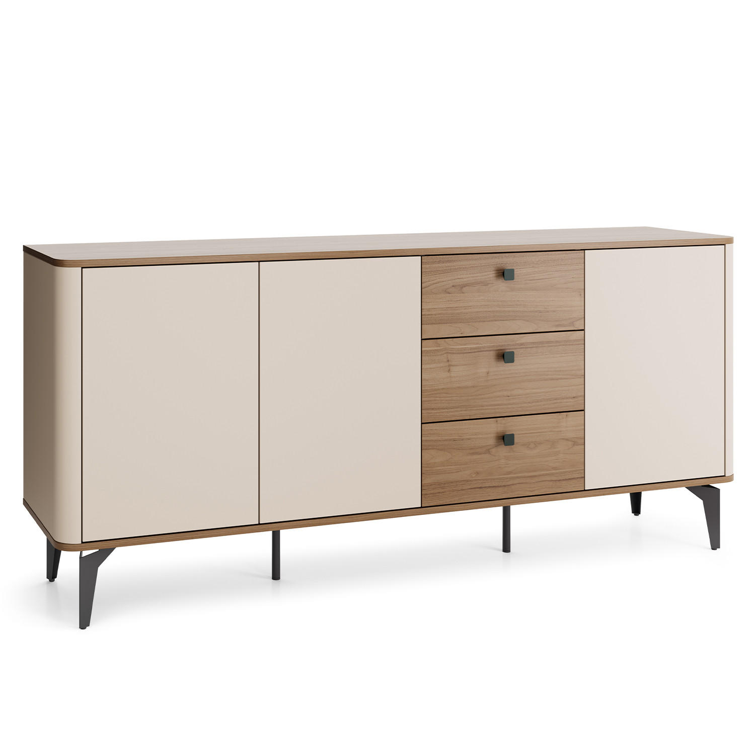 Beautysofa KOMODA Aurora se 3 dveřmi a 3 zásuvkami, kovové nohy, 180 cm, ořech + kašmír