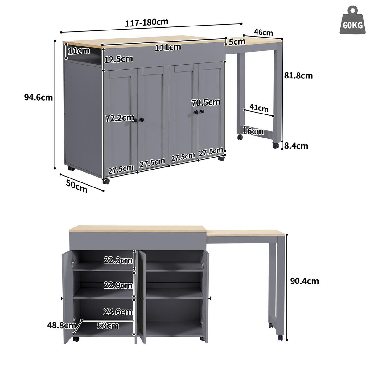 BAROVÝ stůl 117-180/50/94,6 cm rozkládací, s úložným prostorem, 6 policemi a konstrukcí z MDF, šedá - šedá, kompozitní dřevo (50/94.6/117cm) - Redom