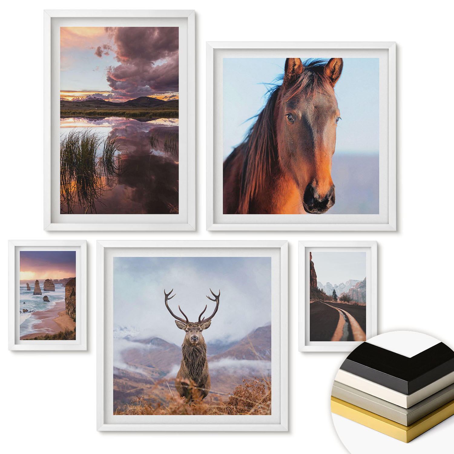 WANDBILDER 5er-Set - 50x50 cm & 20x30 cm & 40x60 cm Weißer Rahmen - Berglandschaften, Rentiere, Pferdestraße - Weiß, Kunststoff (40/60cm) - ArtPrintCave