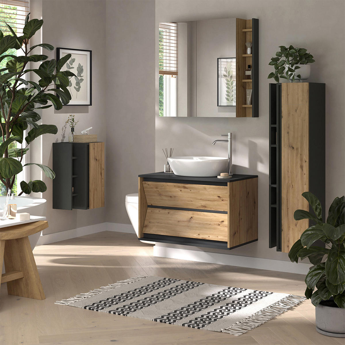 BADMÖBEL-SET Edelin Anthrazit/Artisan 4 Teile - Anthrazit/Eiche Artisan, Holzwerkstoff (100/50/45cm) - Vicco