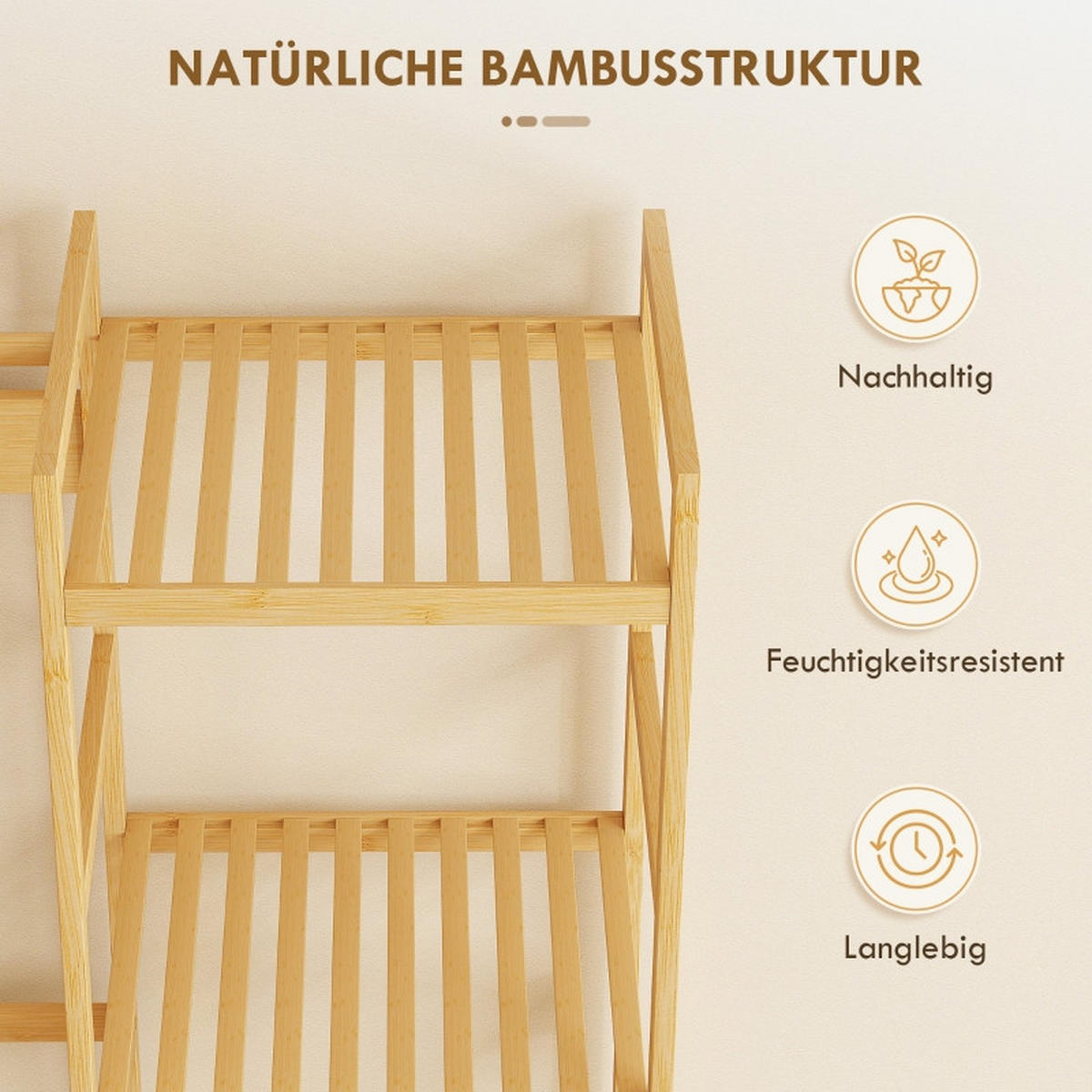 STANDGARDEROBE 104/33/175 cm mit 10 Haken, Schuhablage, Sitzbank aus Bambus - Naturfarben, Naturmaterialien (104/175/33cm) - BEAOK