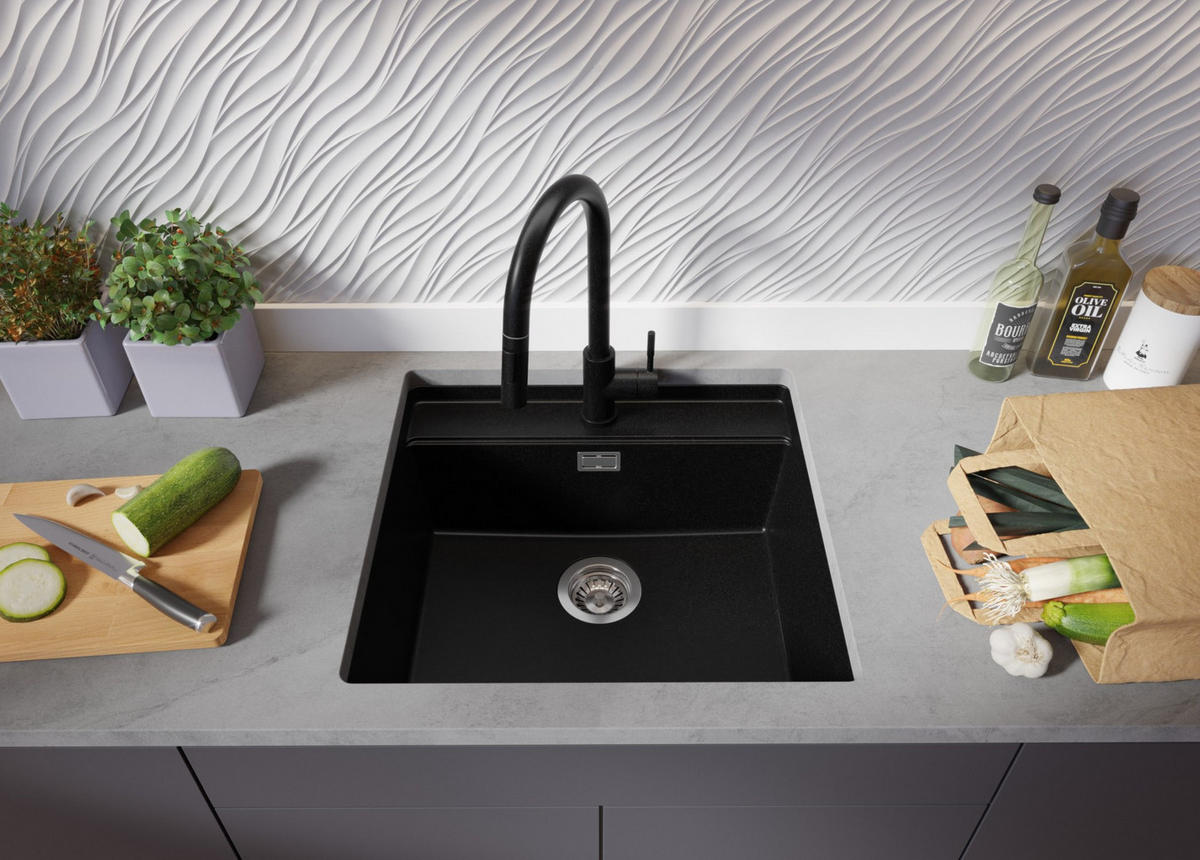 UNTERBAUSPÜLE GRANIT Bergen, 2-er set Alles Schwarz 56/53 cm 1 Becken + Küchenarmatur 40/20 cm + Ablauf-Set + Schneidebrett ab 60er Unterschrank - Schwarz, Kunststoff (56/20/53cm) - Primagran