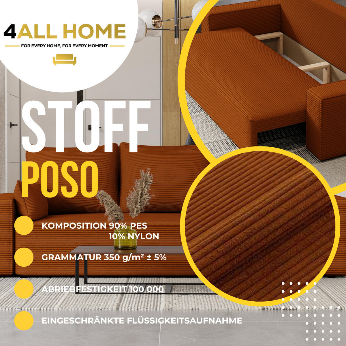 SOFA Vens mit Bettkasten und Schlaffunktion, Cordstoff - Rostfarben, Holzwerkstoff (242/85/95cm)