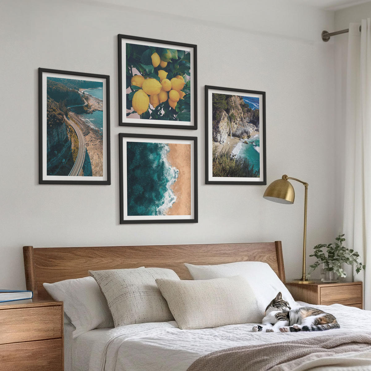 WANDBILDER 4er-Set - 50x50 cm & 40x60 cm Schwarzer Rahmen - Meerstrand Zitronen Berge - Schwarz, Kunststoff (50/50cm) - ArtPrintCave