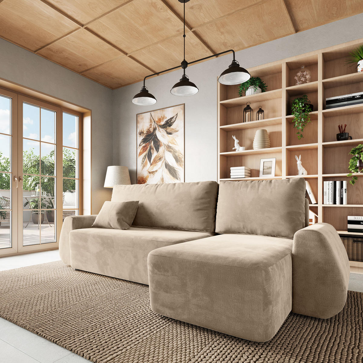 ECKSOFA GALVIS Creme Velours-Stoff mit Schlaffunktion - Creme, Holz (256/156cm) - MASSENO