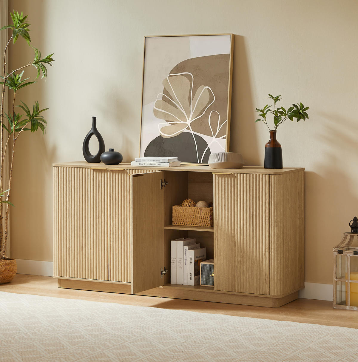 SIDEBOARD 160/40/80 cm mit 4 Türen und Stauraum, Wellenfront und Goldgriffen, Eichefarben - Eichefarben, Holzwerkstoff (160/80/40cm) - Redom