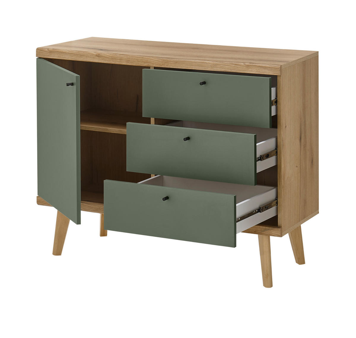 SIDEBOARD Salbei grün, Eiche Evoke, skandinavisch 107 cm, Kommode mit Vollauszug - Salbeigrün/Eichefarben, Holz/Holzwerkstoff (107/83/40cm) - Furn.Design