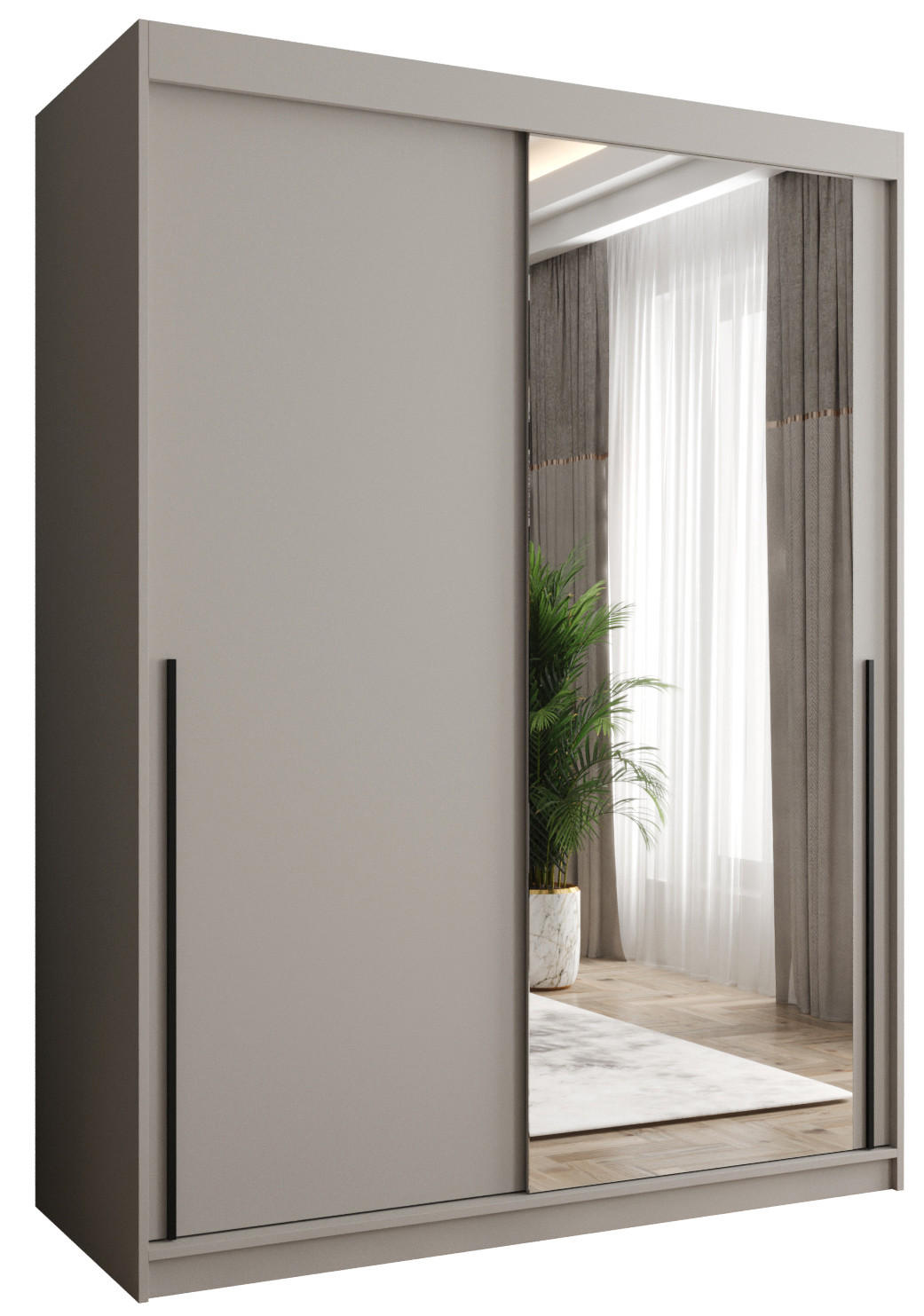SCHIEBETÜRENSCHRANK mit Spiegel 150 cm Breite Kaschmir mit schwarzem Griff - Kaschmir/Schwarz, Holzwerkstoff (250/200/62cm) - Home Collective