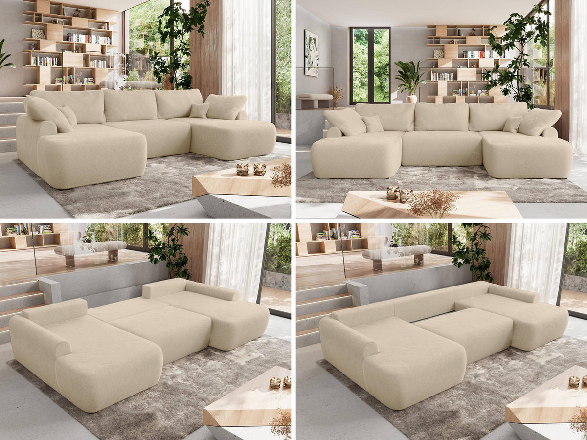 WOHNLANDSCHAFT CUBO U Creme Plüsch - Creme/Schwarz, Kunststoff/Textil (370/100/187cm) - MKS
