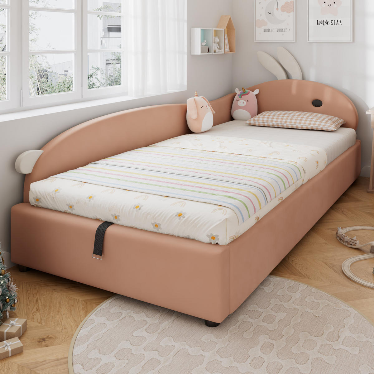 POLSTERBETT 90/200 cm Rosa+Weiß Niedliches Häschen-Kopfteil mit Stauraum aus Samt - Dunkelrosa, Textil (90/200cm) - OKWISH