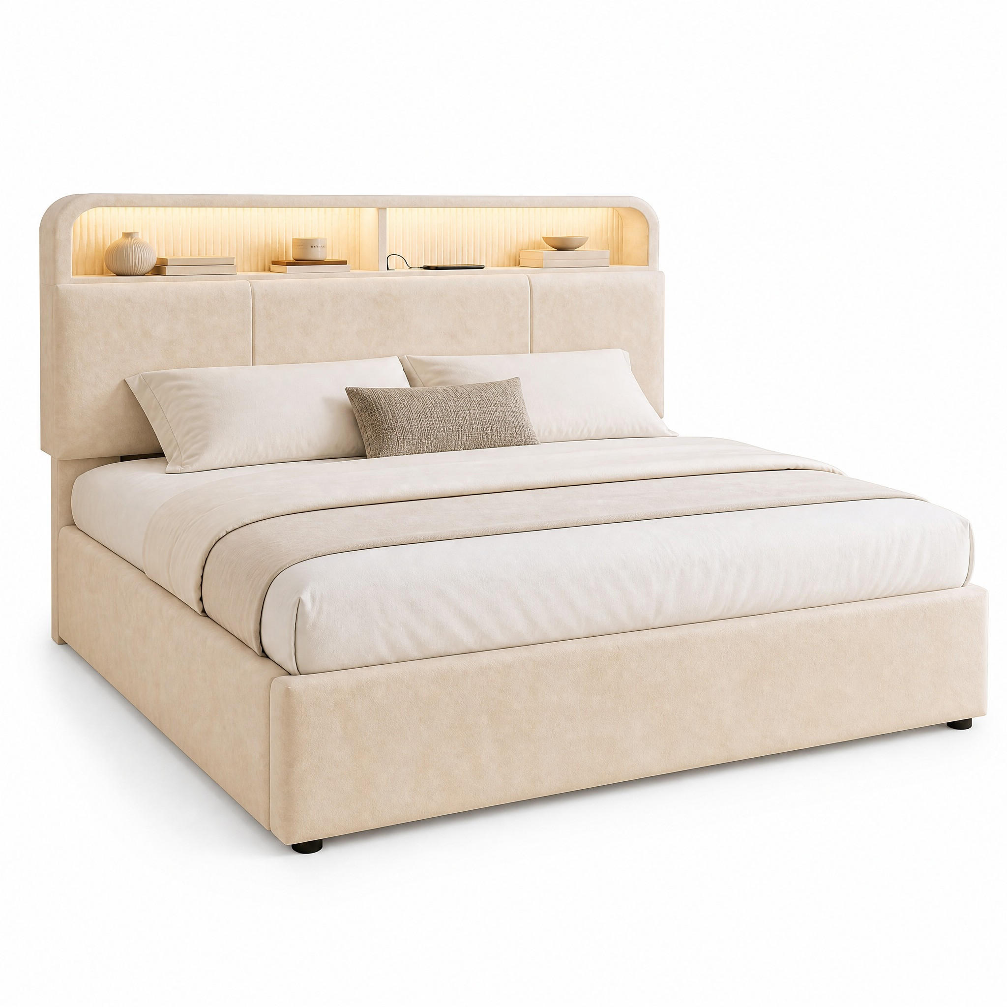 POLSTERBETT 180/200 mit Bettkasten, LED und USB in Beige - Beige, Holzwerkstoff/Textil (180/200cm) - EVRYAE