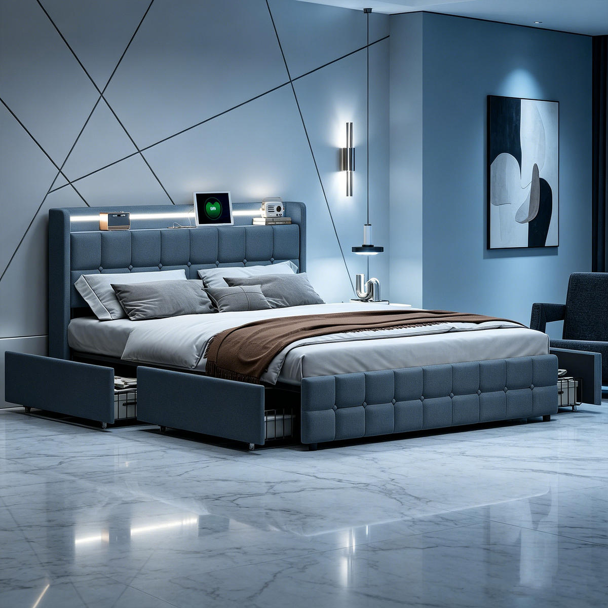 DOPPELBETT 160x200 mit stauraum, polsterbett mit LED, USB, 4 Schublade, Leinenstoff, grau - Dunkelgrau, Textil/Metall (160/200cm) - GENKI LIVING