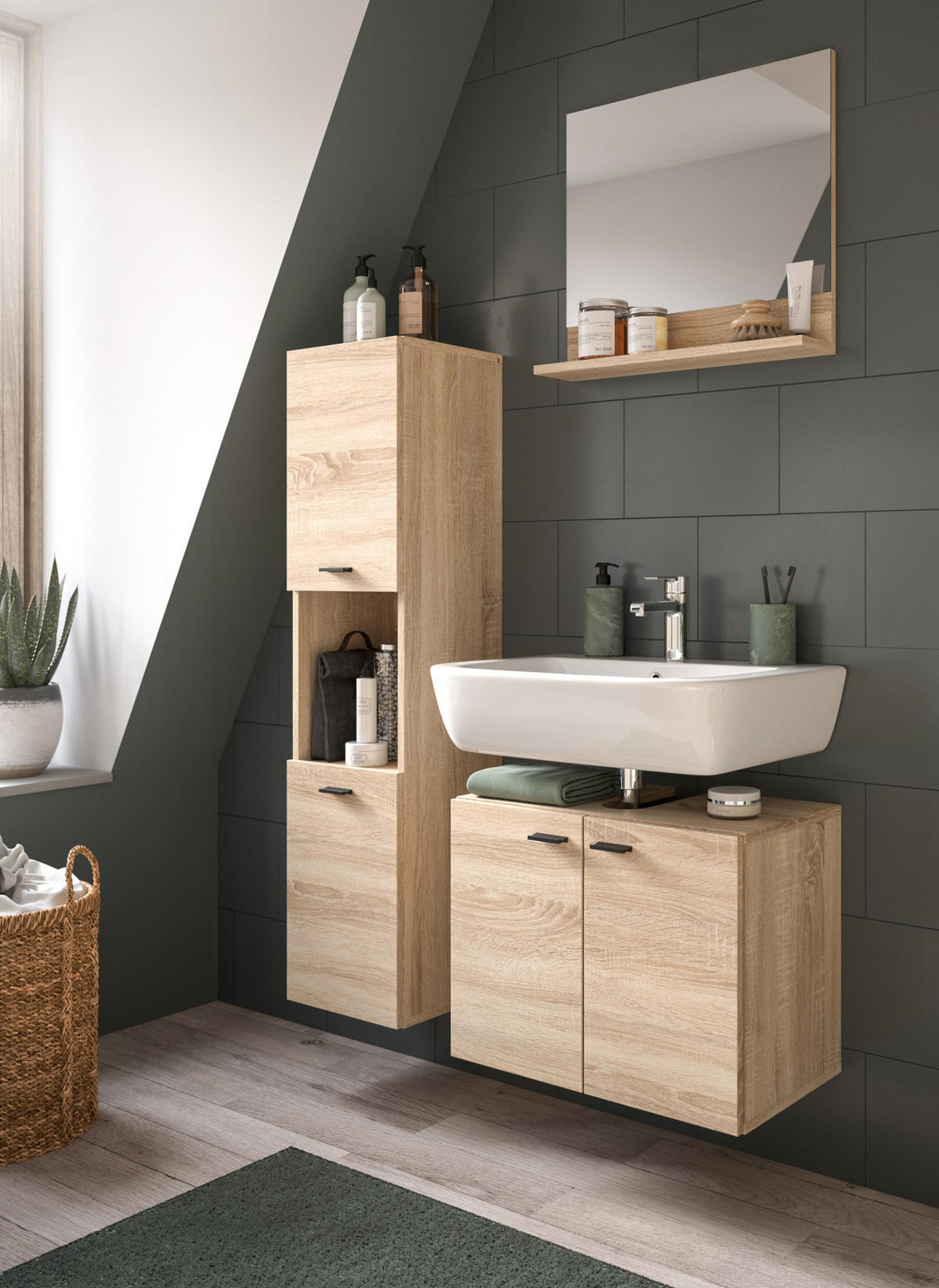 BADMÖBEL-SET Eiche 3-teilig 100 cm, Komplettset hängend oder stehend - Eichefarben, Glas/Holzwerkstoff (102/186/33cm) - Inn.Furn