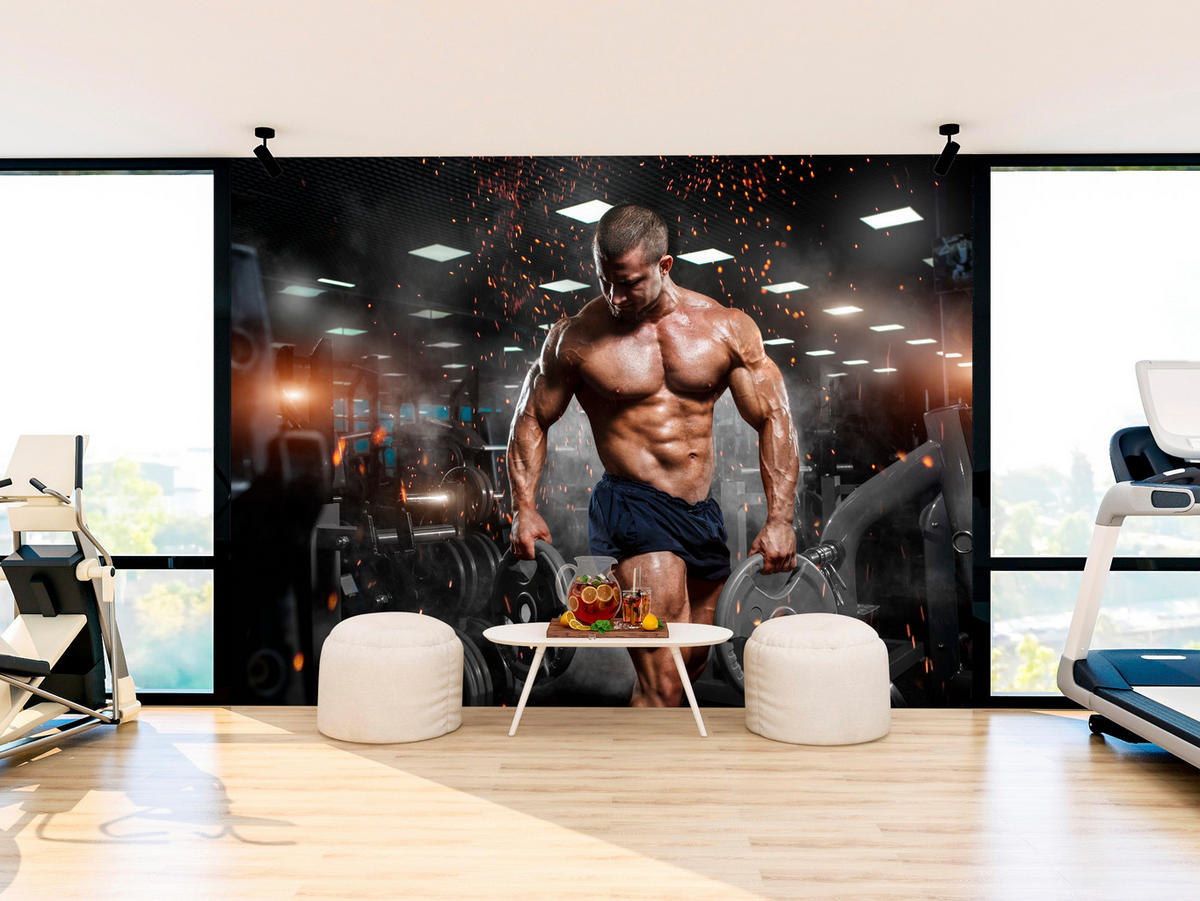 FOTOTAPETE Muskulöser Mann Gym Fitnessstudio Sport 150x105 - Beige/Schwarz, Papier (150/105cm) - Muralo