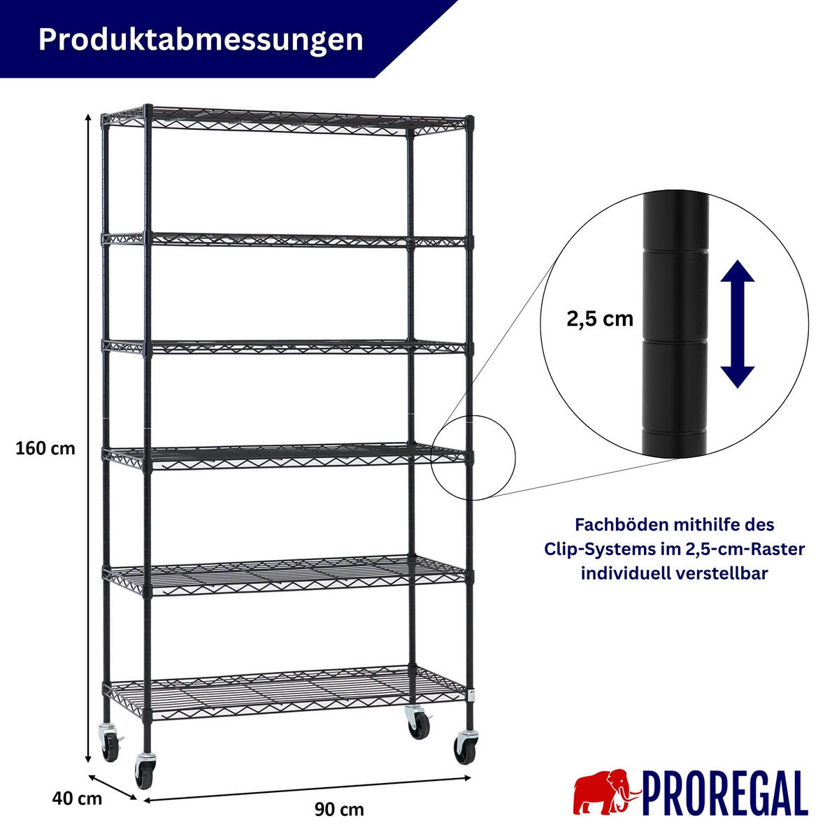 GITTERREGAL HADES mit Rollen & 6 Gitterböden Metall 160x90x40cm Schwarz - Schwarz, Metall (90/160/40cm) - PROREGAL