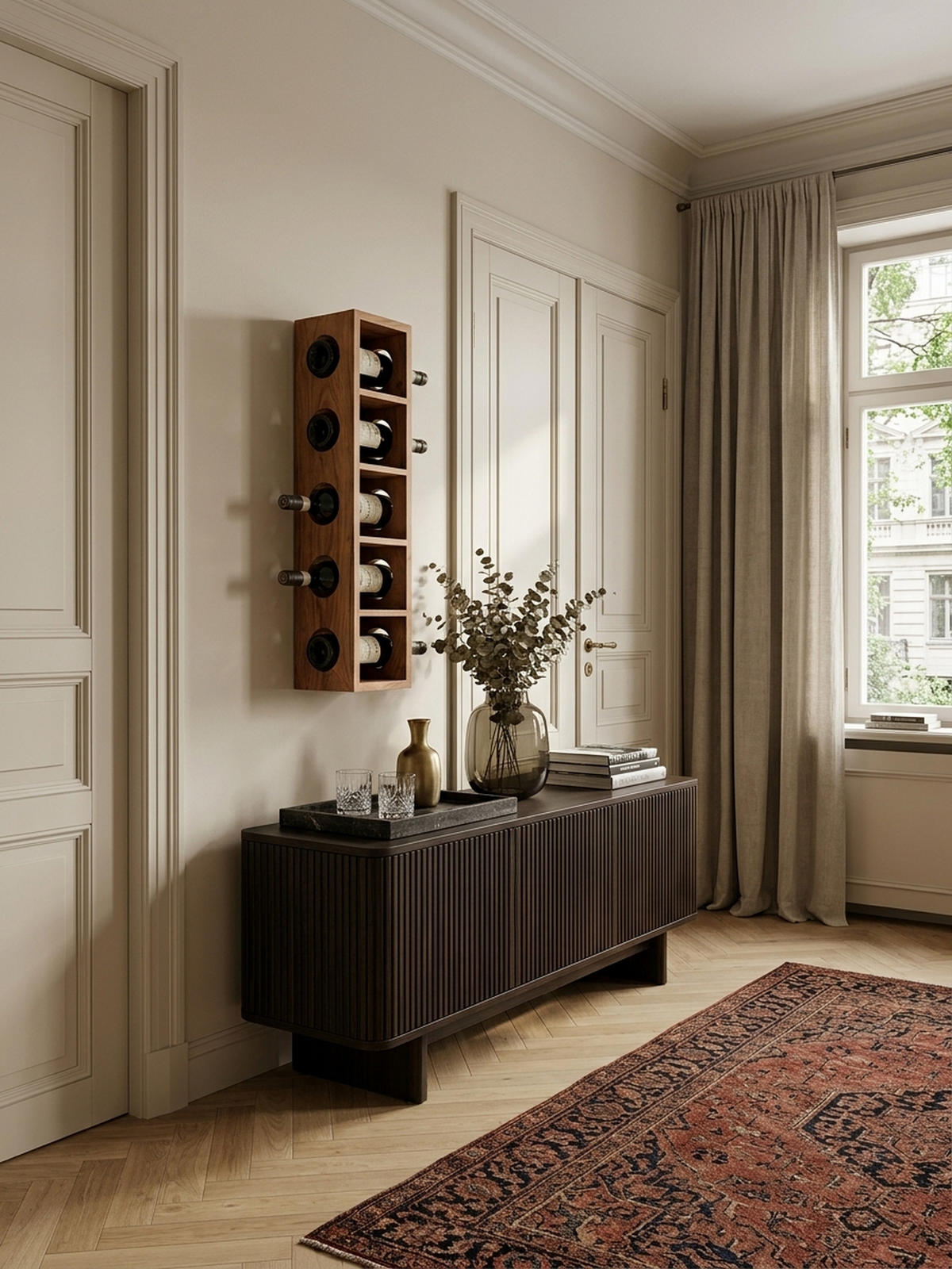 WEINREGAL Massivholz mit 5 Fächern Wandmontage Edelholz-Optik, Beige 70 cm - Beige, Holz (15/70/15cm) - KADIMA DESIGN