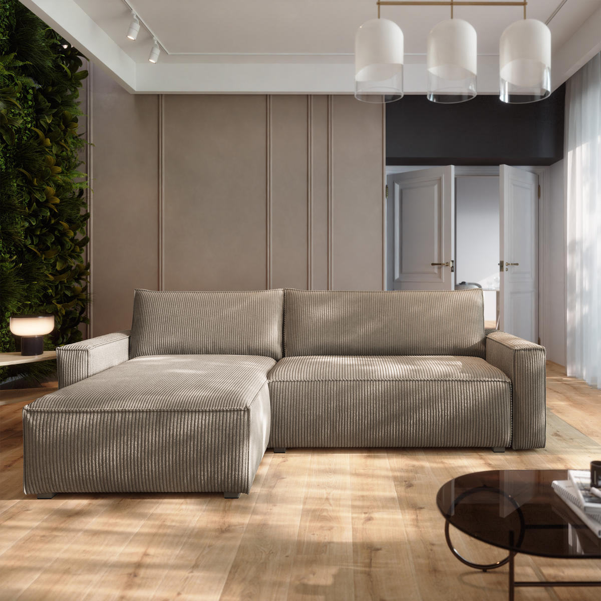 ECKSOFA BESMIR Beige Kordstoff mit Schlaffunktion - Beige, Holz (275/148cm) - MASSENO