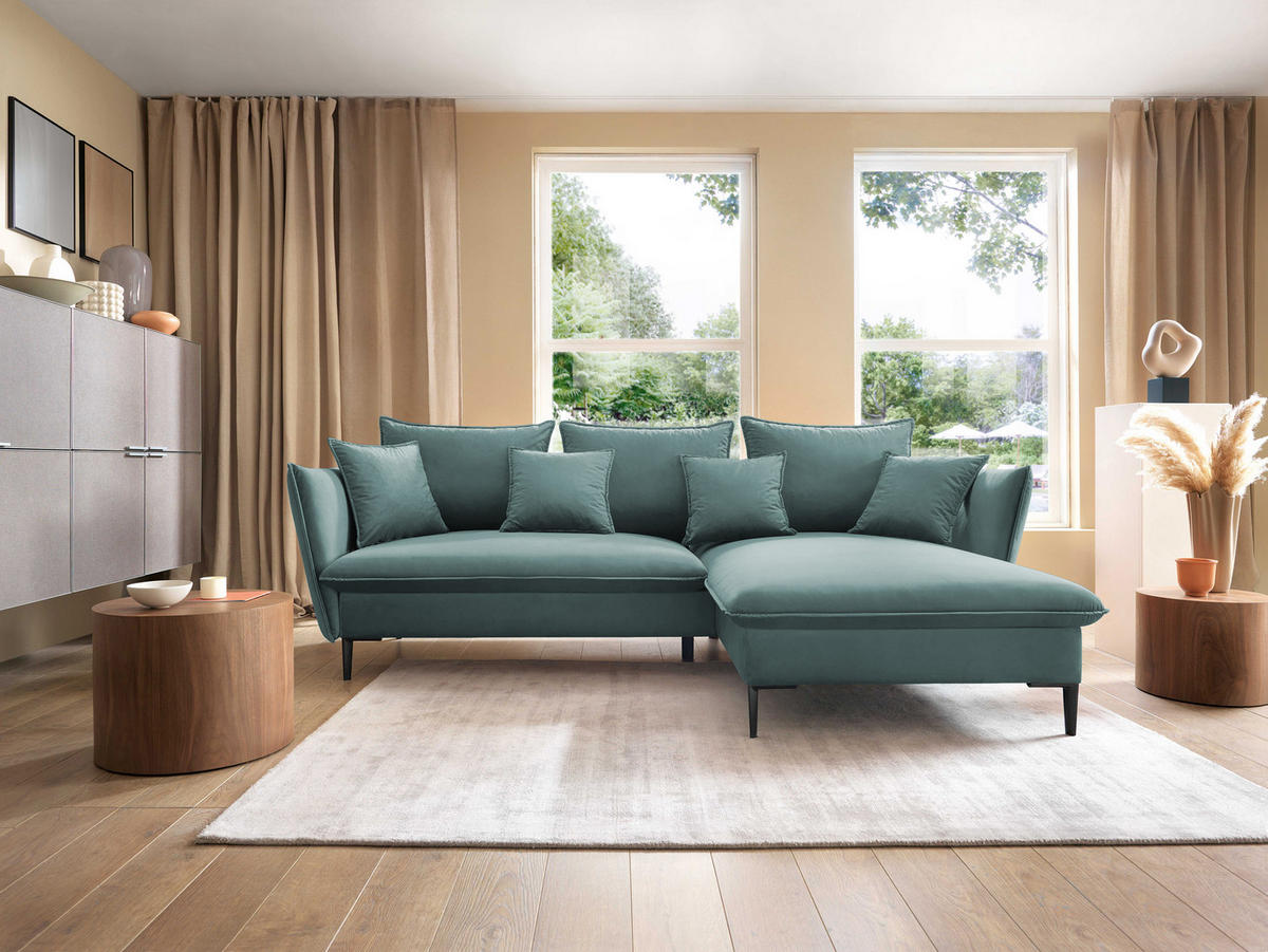 ECKSOFA GLOSS mit Schlaffunktion, Ottomane & goldenen Füßen – Samtsofa im GLOSSour-Stil mit Zierkissen, 258x167x91 cm, Rechte, BLAU - Hellgrau, Holz/Textil (258/167cm) - DomoHome