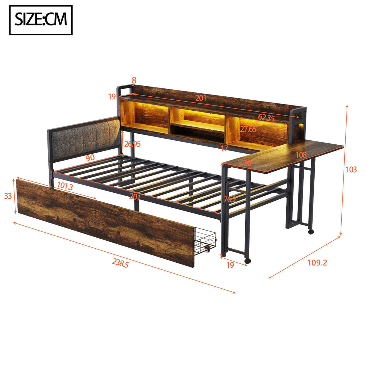 BETT 90/200 cm mit Schreibtisch, LED-Beleuchtung und Stauraum in Holzfarben - Naturfarben, Metall (90/200cm) - Flora Grace