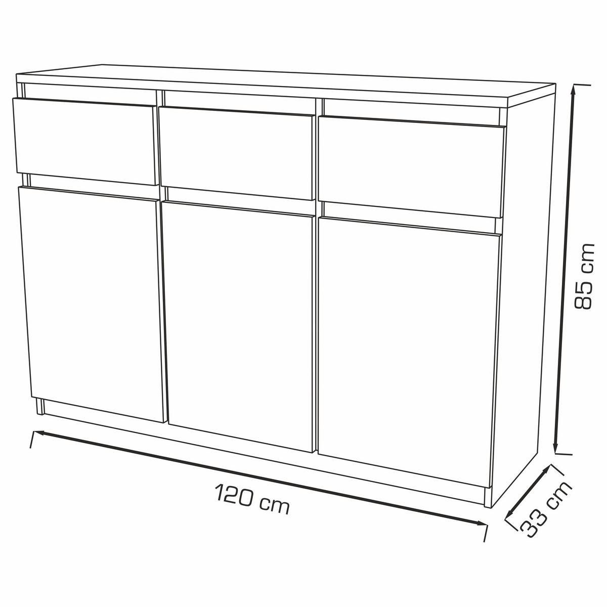 KOMMODE MERAVIGLIA 120/85/33 cm mit 3 Schubladen 3 Türen Weiß - Weiß, Holzwerkstoff (120/85/33cm) - MASSENO
