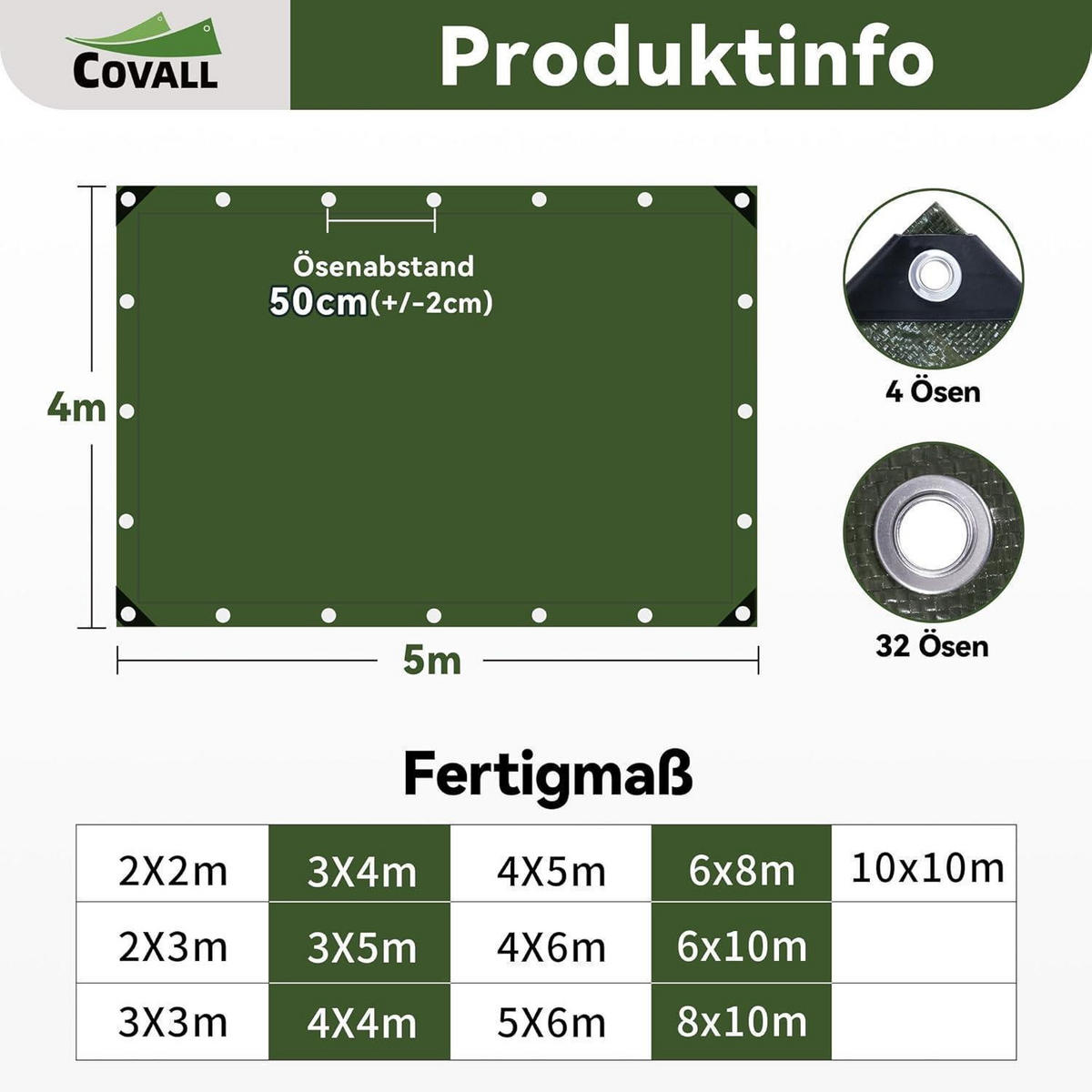 ABDECKPLANE 4 x 5 m Grün 115g/m² Wasserdicht UV-beständig - Grün, Kunststoff (38/28/8cm)