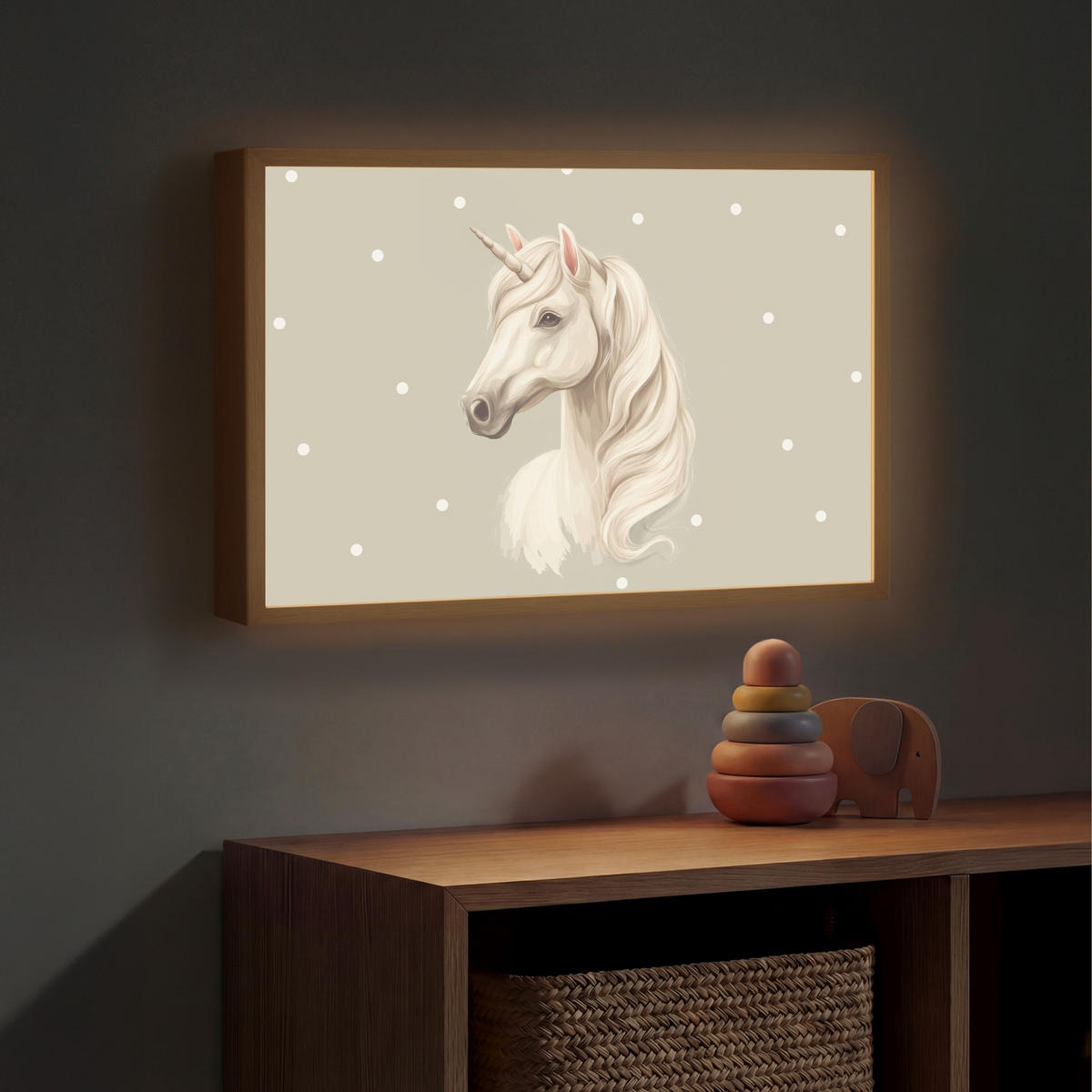 NÁSTĚNNÁ LAMPA S AKUMULÁTOREM Jednorožec - bílý - tečky 60x40 cm - šedohnědá, kompozitní dřevo (60/40/8cm) - OnlyWow