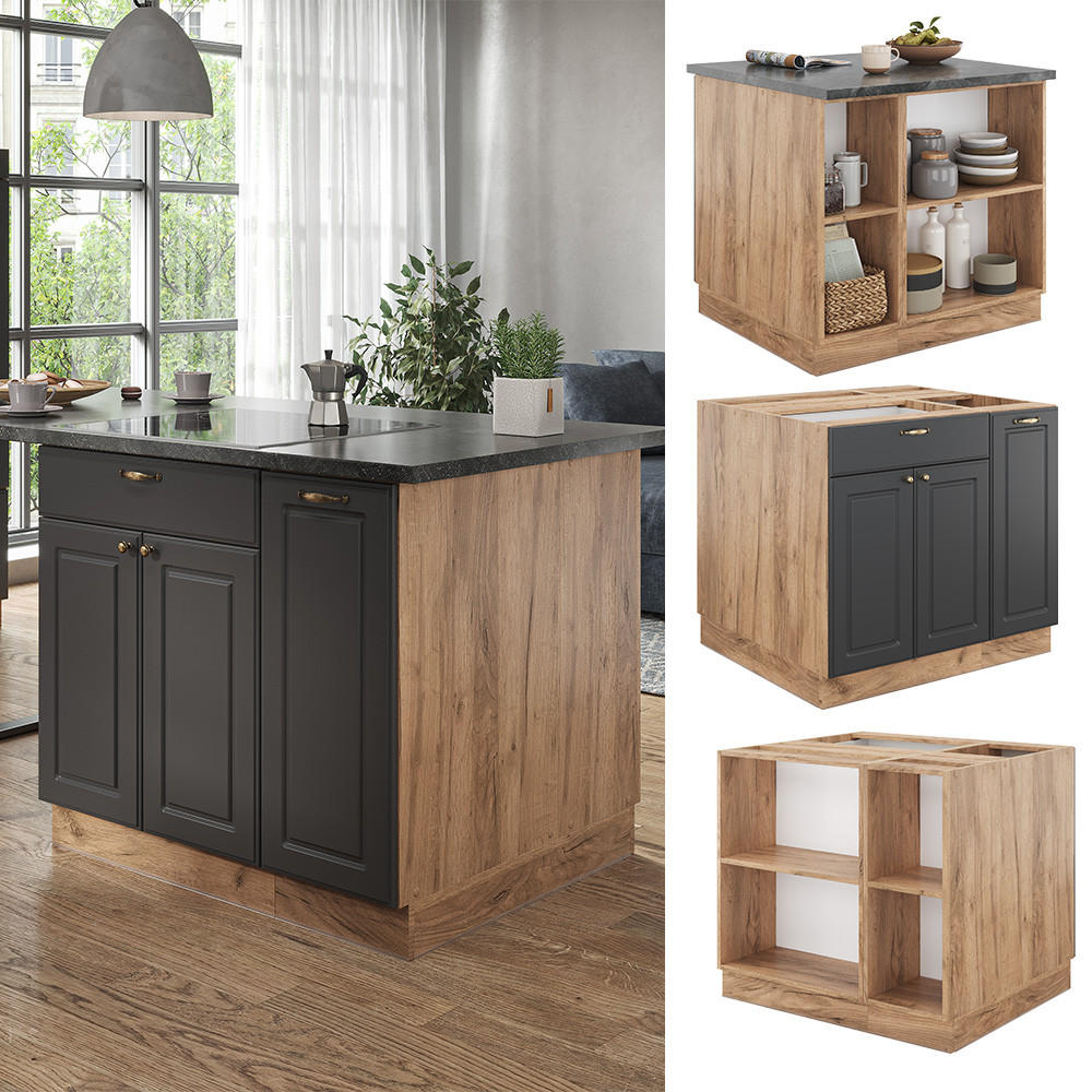 KÜCHENINSEL Fame-Line Anthrazit Landhaus/Goldkraft Eiche 90 cm ohne AP - Honigeiche/Anthrazit, Holzwerkstoff (90/82/60cm) - Vicco