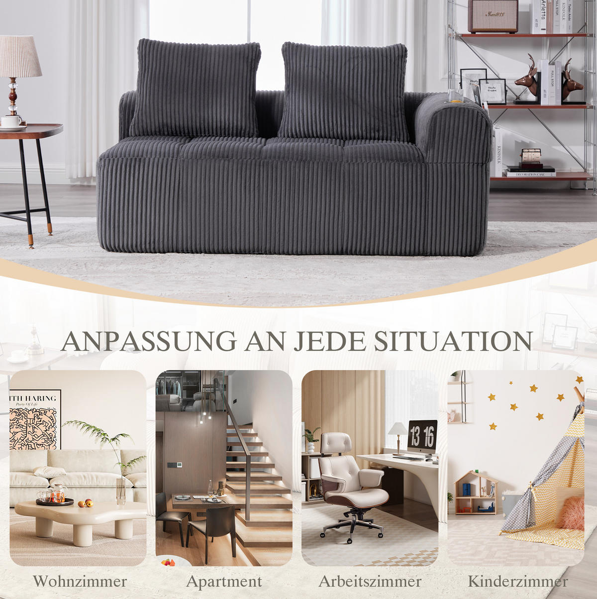 SOFA mit Seitenfächern und Becherhaltern 158 x 93 cm Cord Dark Grey - Dunkelgrau, Kunststoff (158.1/61/93cm) - Meubliv