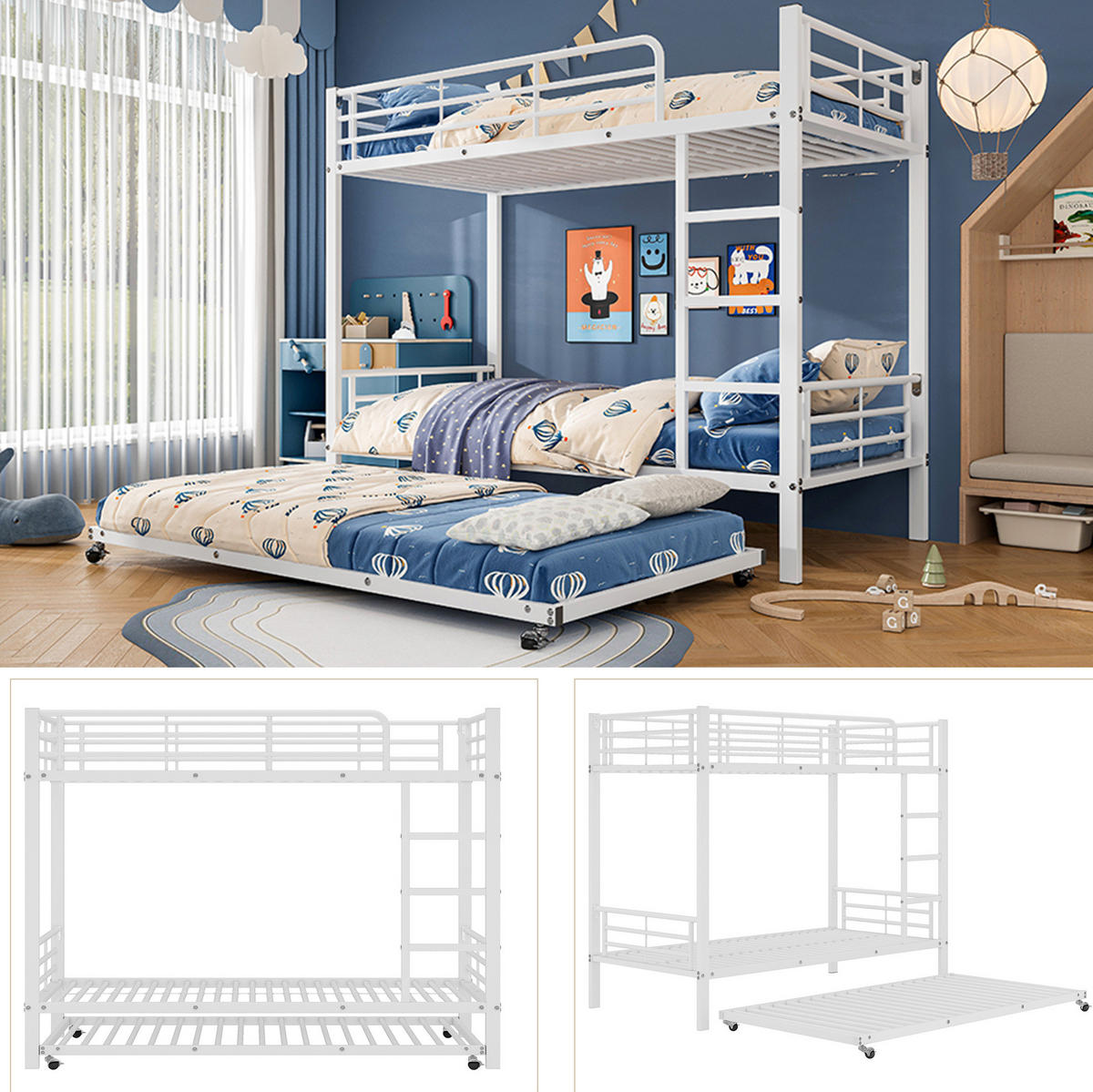 ETAGENBETT 90/200 cm in Weiß aus Metall mit Ausziehbett - Weiß, Metall (90/190cm) - OKMYHOME