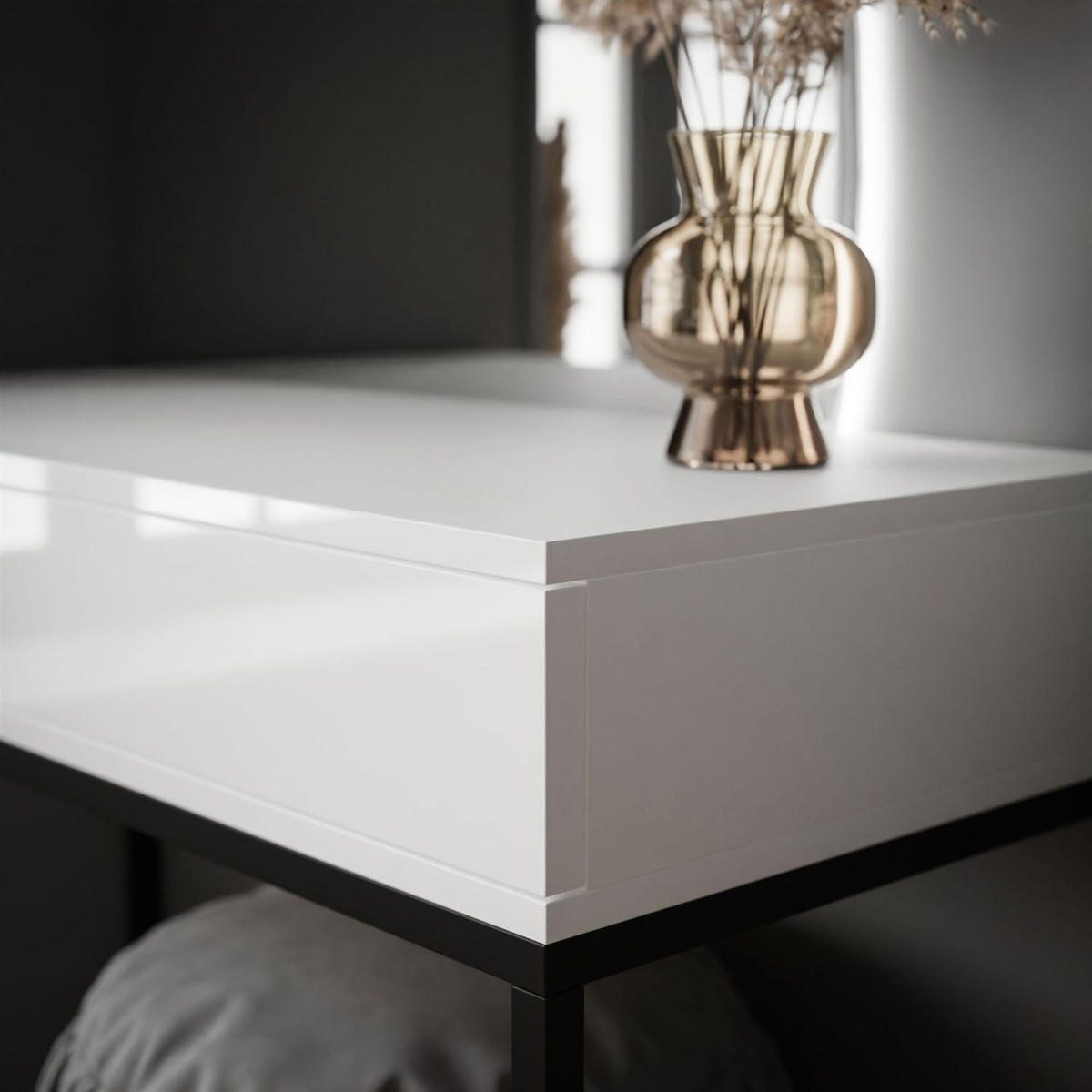 SCHMINKTISCH schwarz/weiß Hochglanz QUINNIE mit LED-Spiegel rechts PUSH OPEN - Weiß Hochglanz/Schwarz, Holzwerkstoff (100/176/42cm) - Lookway