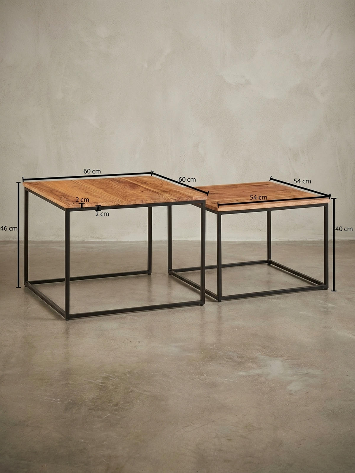 WOHNZIMMERTISCH Set – Holz Metall quadratisch 2-teilig Industrie-Stil - Beige/Schwarz, Holz/Metall (60/60/46cm) - KADIMA DESIGN