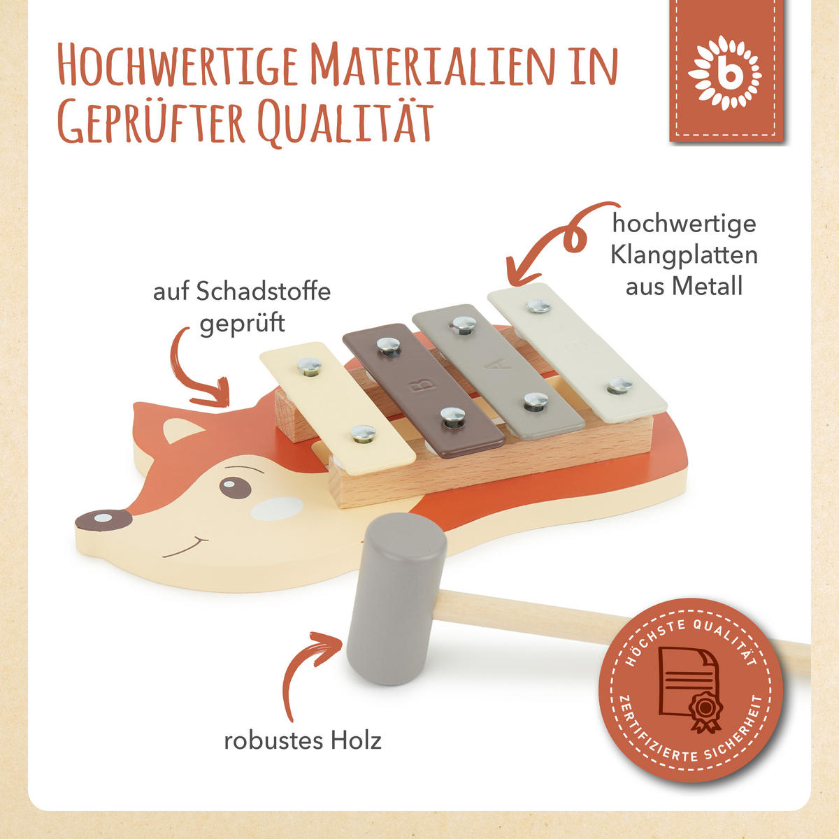 XYLOPHON Fuchs - ab 12 Monate - Multicolor, Holz (17/3/17.4cm) - Bieco Spielwaren