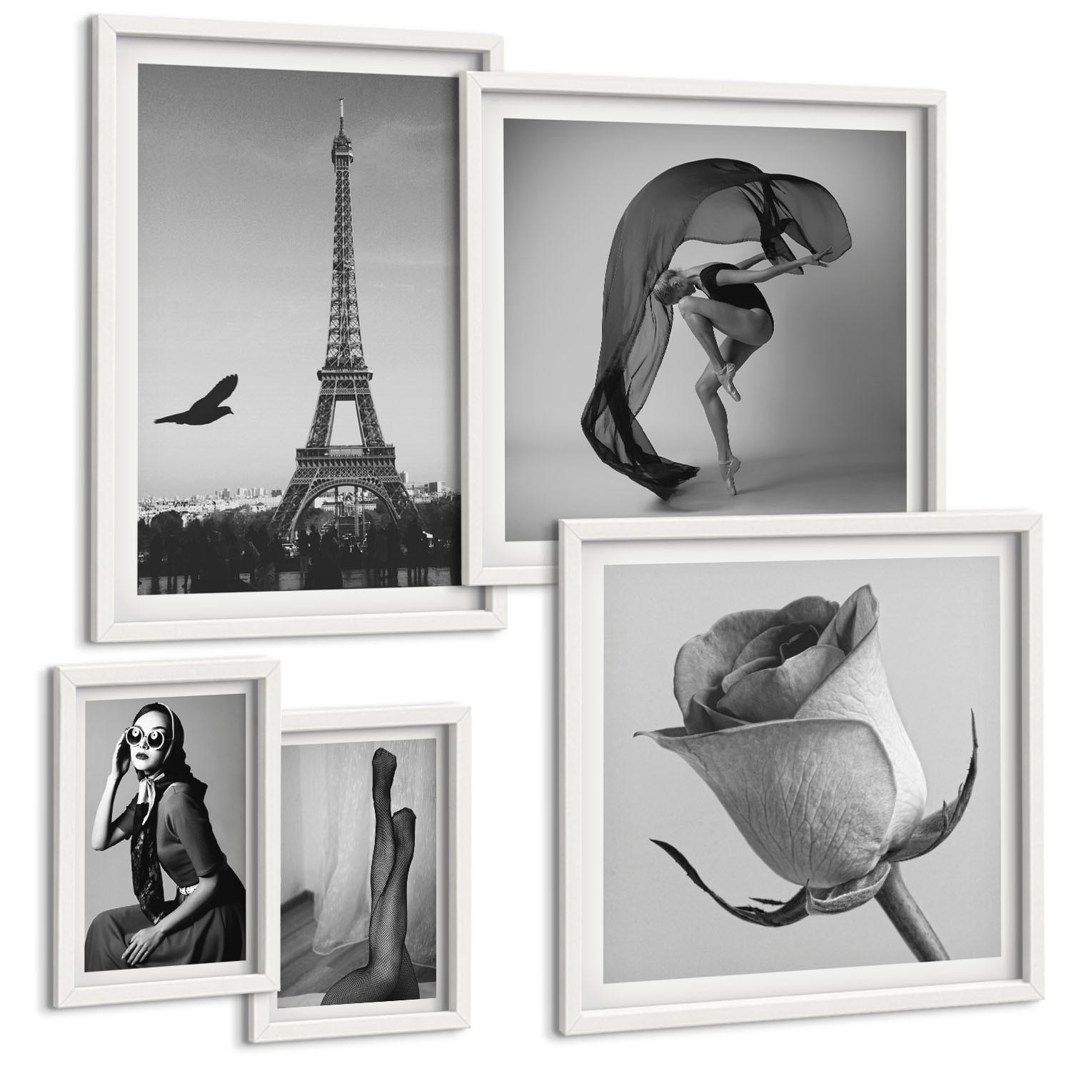 BILDER SET 5er Set - 50x50 cm & 20x30 cm & 40x60 cm Weißer Rahmen - Stilvolle Porträts eleganter Frauen - Weiß, Kunststoff (40/60cm) - TULUP