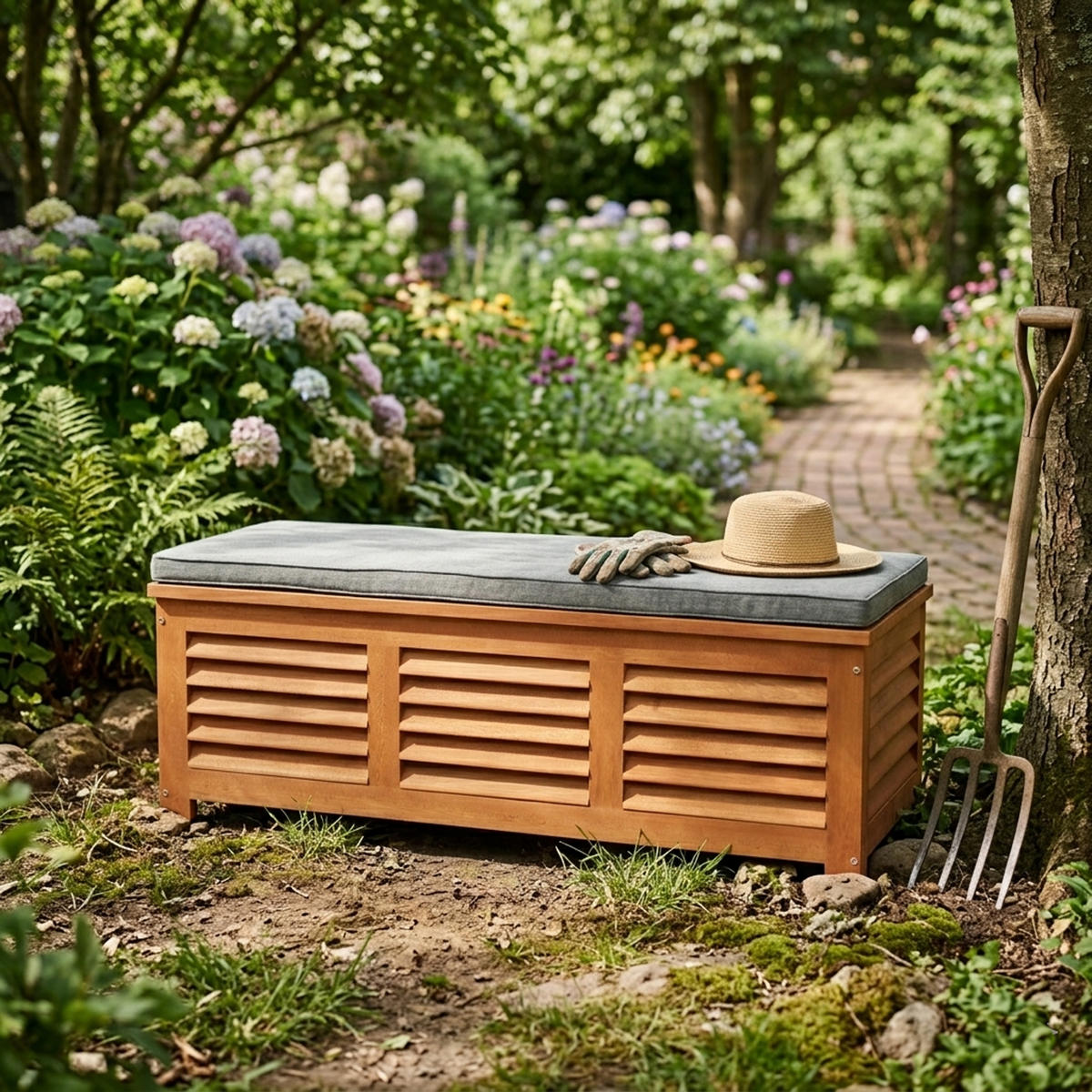 KISSENBOX Cardiff aus Eukalyptusholz, mit Sitzpolster 5cm grau, 128x42x43 cm - Braun, Holz (128/43/42cm) - TPFGarden