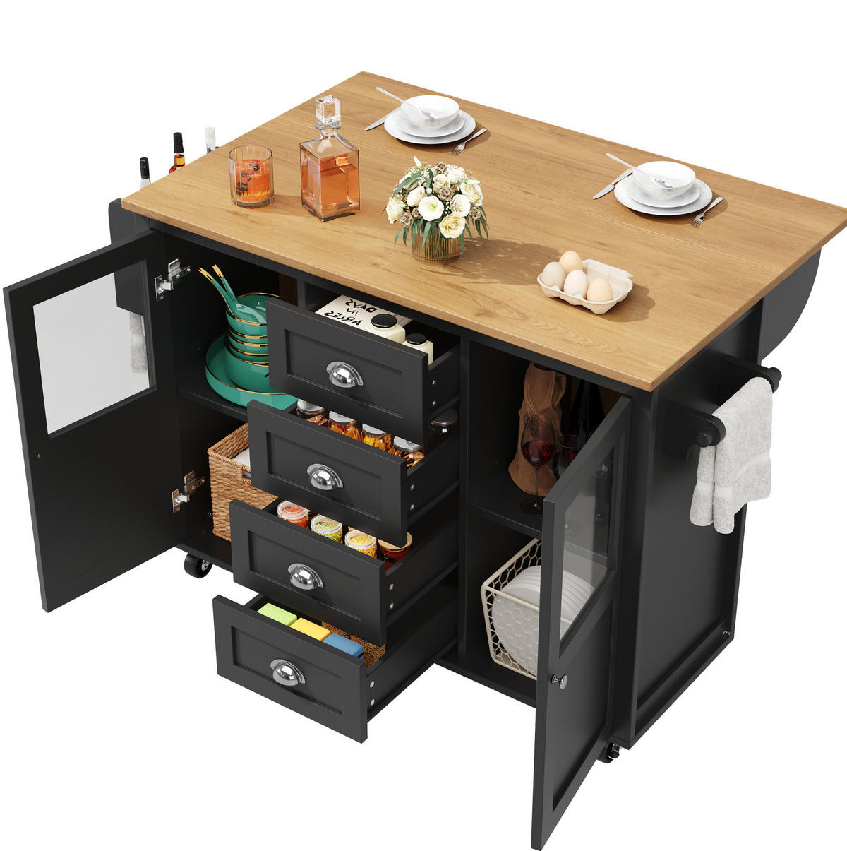 KÜCHENINSEL 137,9/73/92,5 cm aus MDF und Metall mit Klapptisch und Rollen Schwarz - Schwarz, Holzwerkstoff (137.9/92.5/73cm) - Modenvie