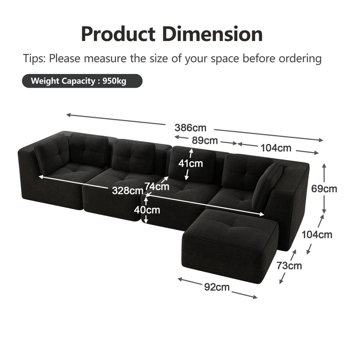 ECKSOFA modular mit tiefer Sitzfläche Cord Schwarz - Schwarz, Kunststoff (177/386.1cm) - Meubliv