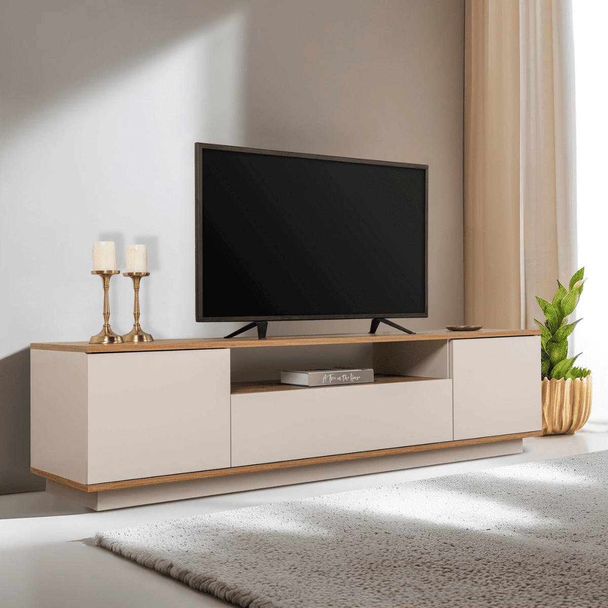 TV furniture with 3 folding doors and 1 niche, L180 cm - Kaschmir, Holzwerkstoff (44.5/44.6/12cm) - Calicosy