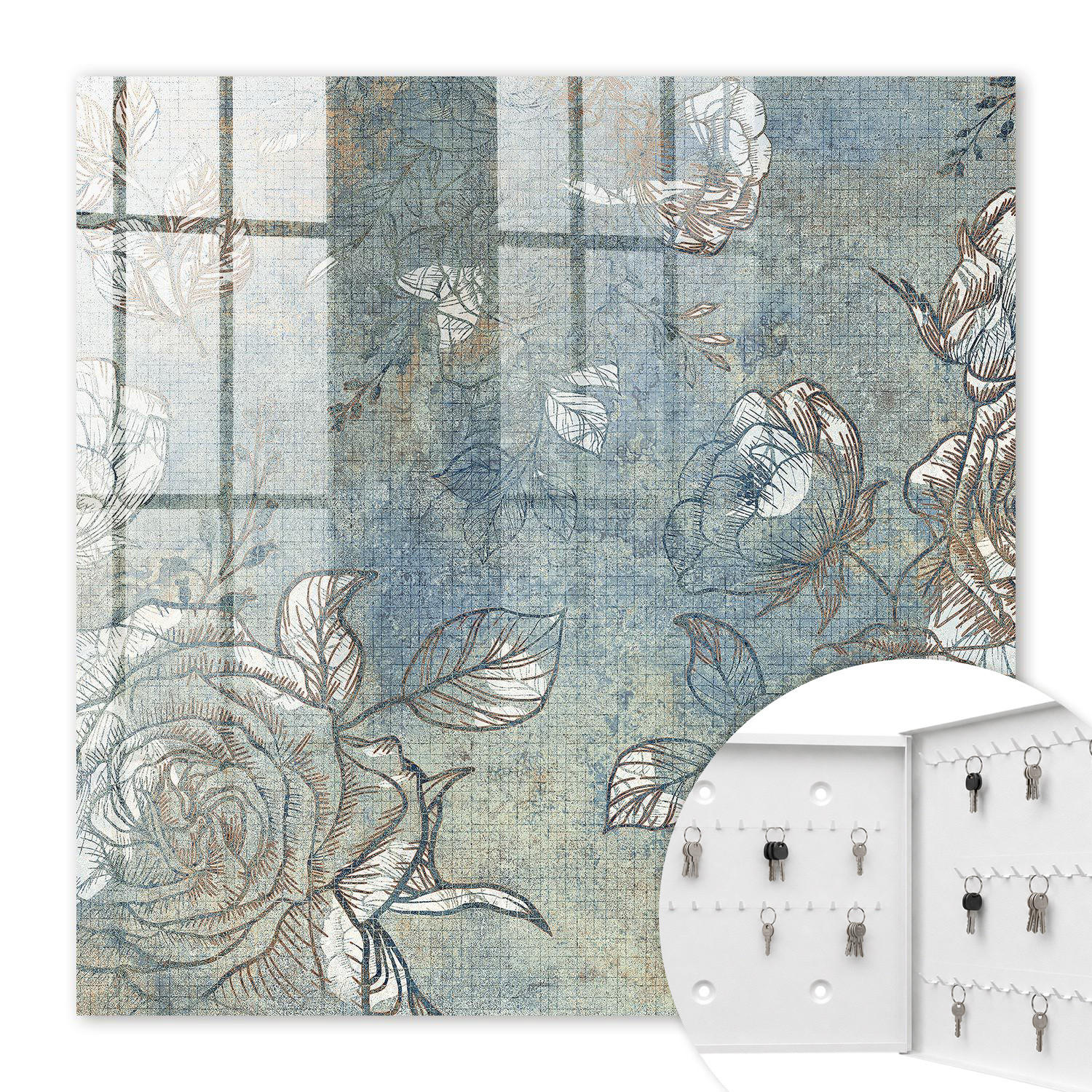 SCHLÜSSELBOX Weiß 30x30 cm – Türöffnung nach rechts - Blumenmuster - Blau, Metall (30/30/5cm) - TULUP
