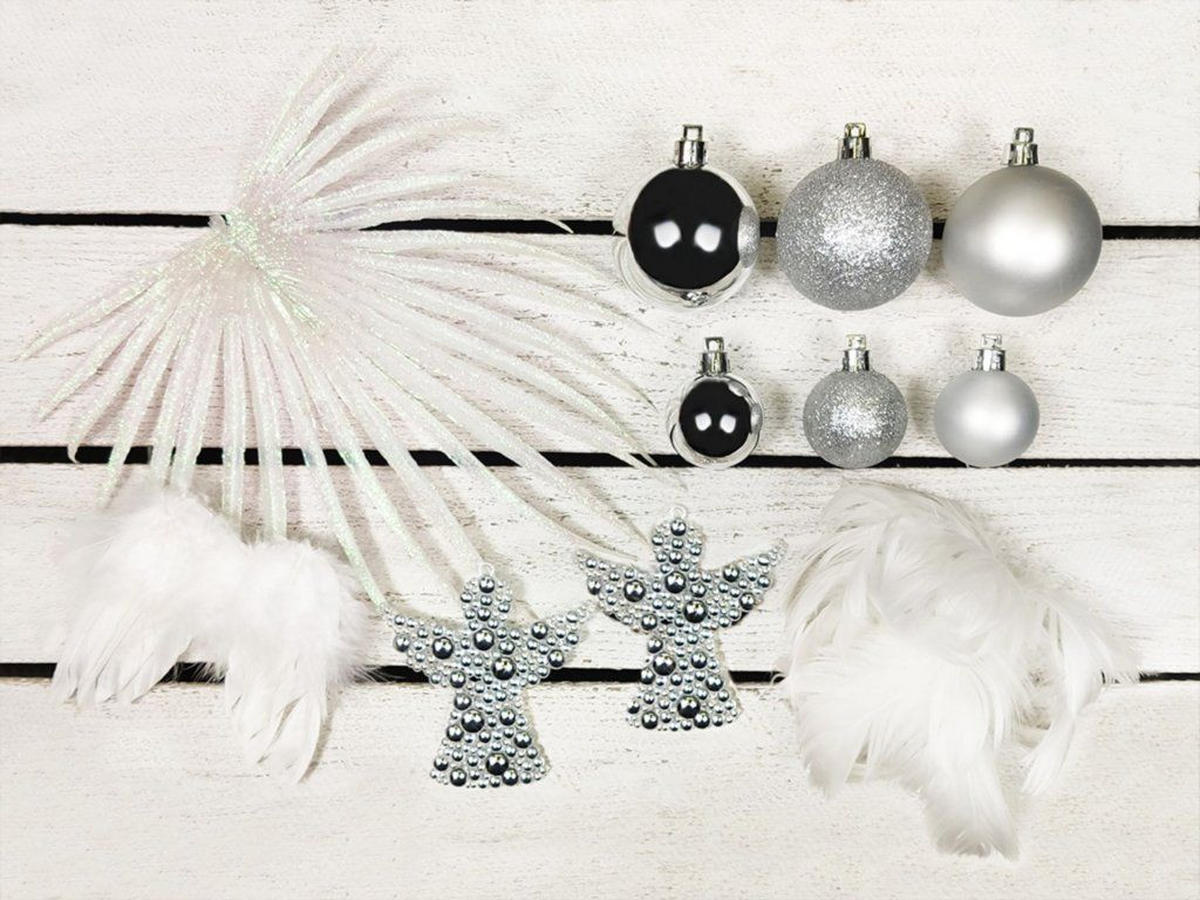 WEIHNACHTSBAUM künstlicher 150 cm, ENGELSFLÜGEL, mit 97-teiligem Weihnachtsbaumschmuck, inkl. Metallständer und Aufbewahrungsbox - Silberfarben/Weiß, Kunststoff/Metall (104/150cm) - LAALU