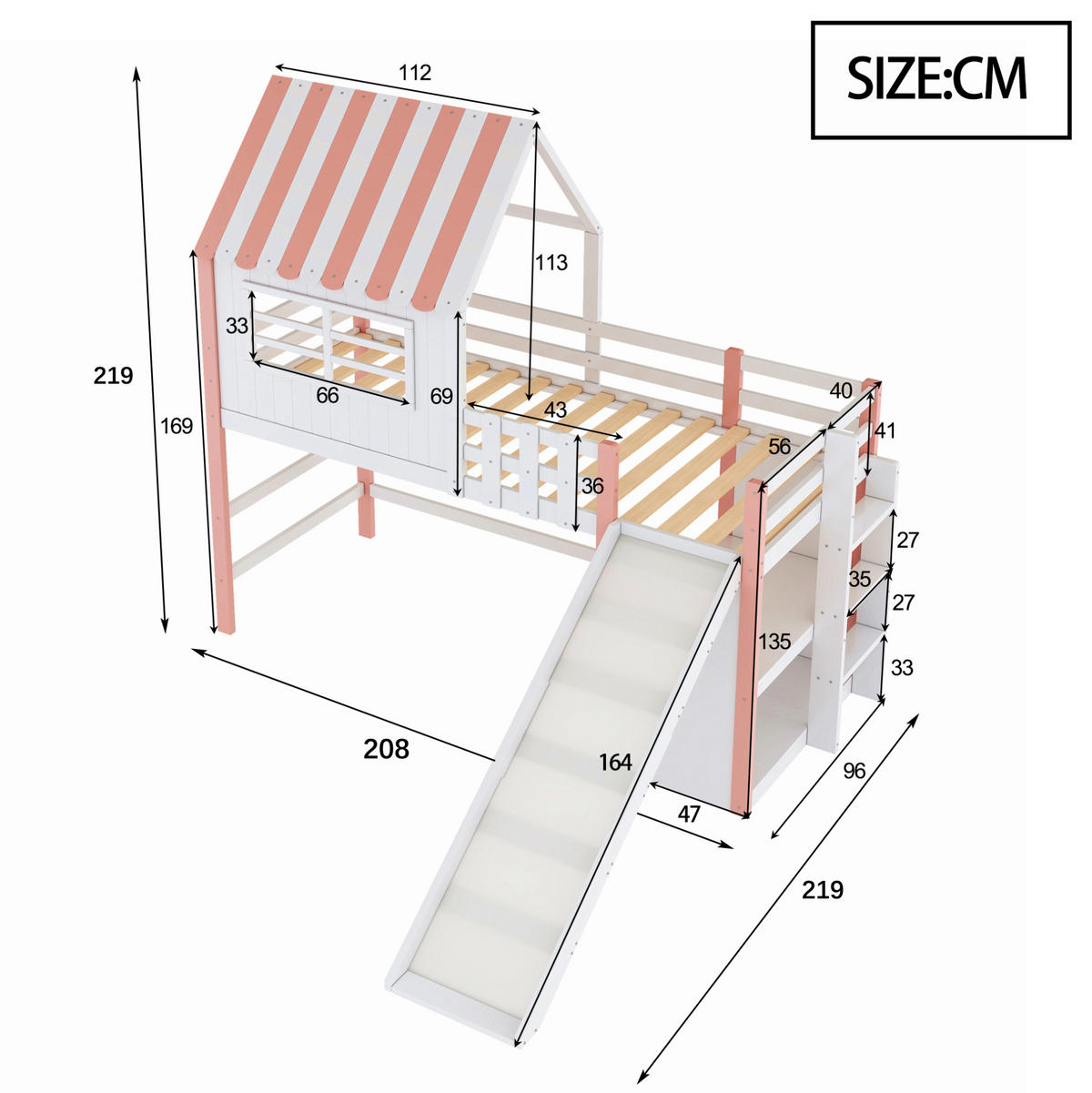 HOCHBETT 90/200 cm Rosa aus Massivholz und MDF mit Rutsche und Stauraum - Rosa, Holz (90/200cm) - OKMYHOME