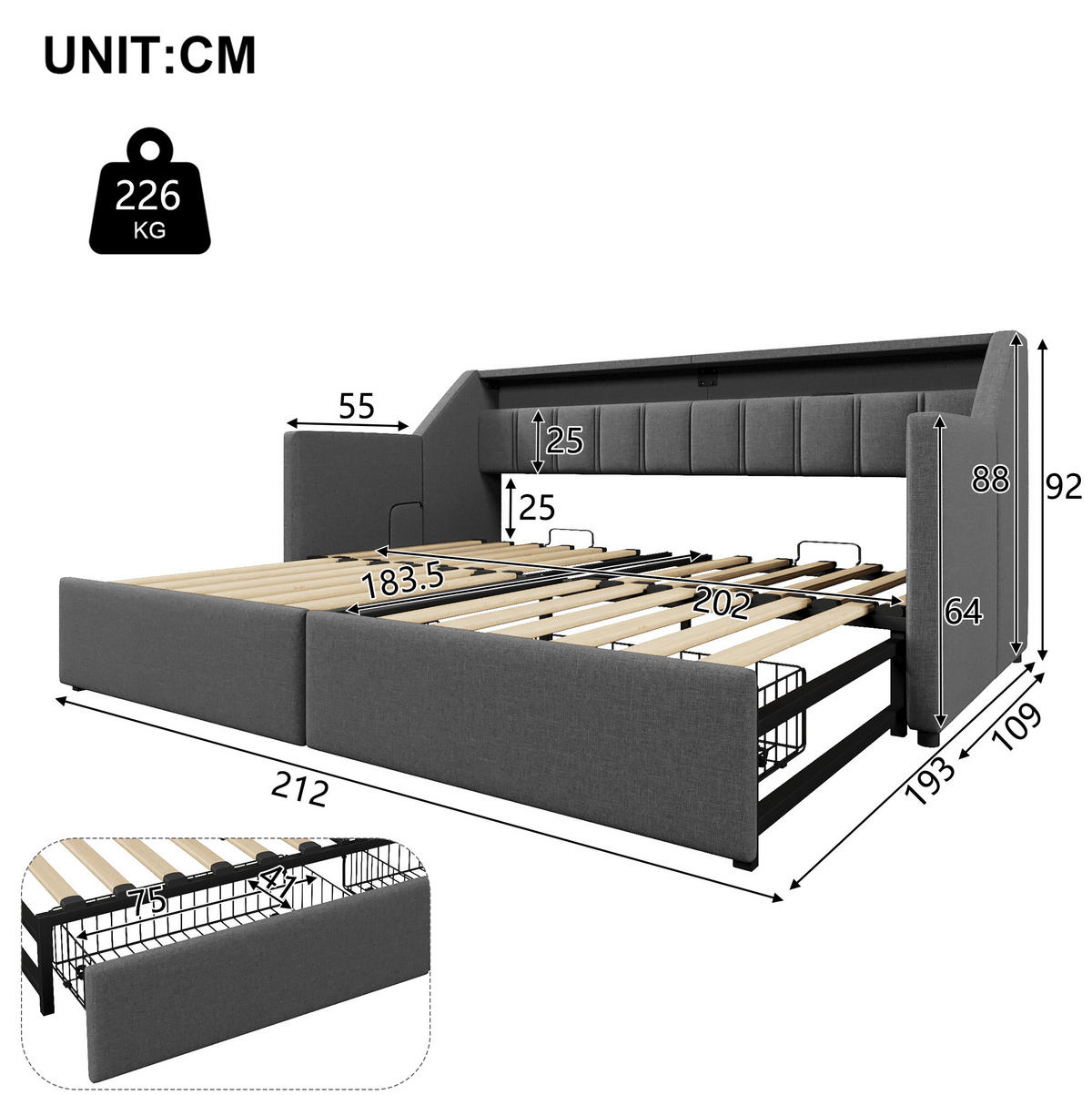 TAGESBETT 90/200 cm aus Leinen mit USB, Type-C, LED-Leiste, 2 Schubladen und Ausziehfunktion, Grau - Grau, Textil (90/200cm) - Redom