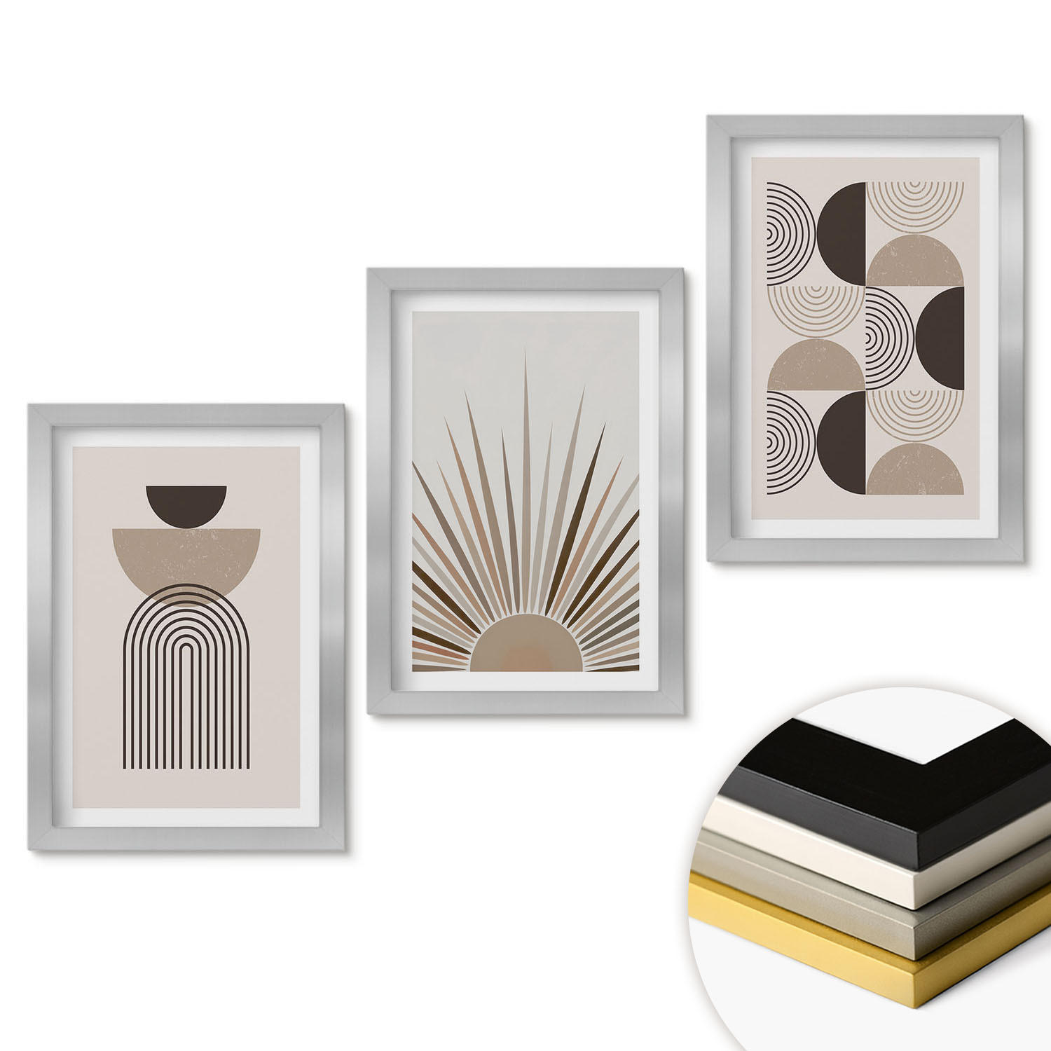 WANDBILDER 3er Set - 20x30 cm Silberner Rahmen - Abstrakte Formen beige braun - Silberfarben, Kunststoff (20/30cm) - ArtPrintCave