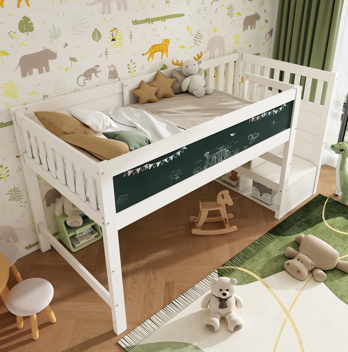 HOCHBETT 90/200 cm Weiß mit Tafel, Stauraum und variabel montierbarer Treppe - Weiß, Holzwerkstoff (90/200cm) - Flora Grace