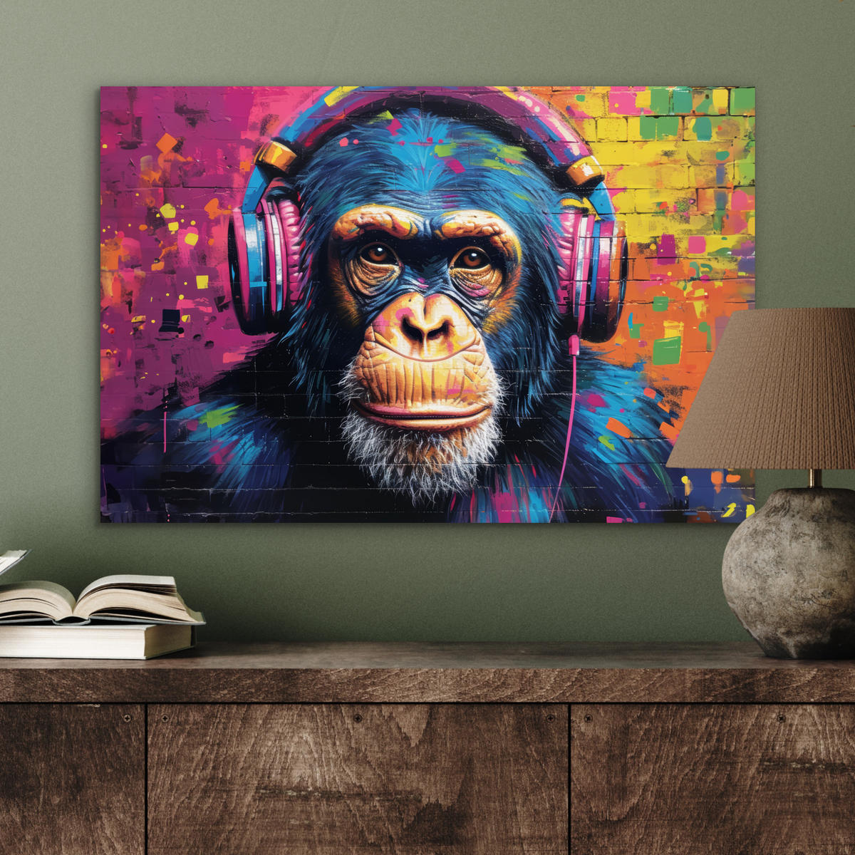 METALLBILD Graffiti - Schimpanse - Straßenkunst - Kopfhörer - Affe 60x40 cm - Blau, Metall (60/40cm) - MuchoWow