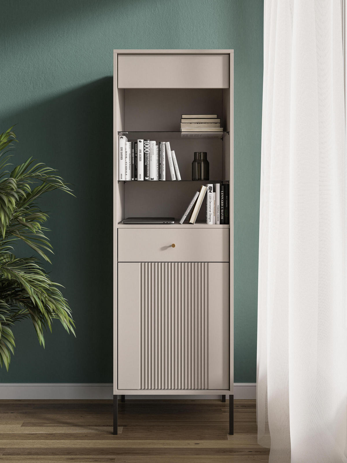VITRINE ISEO Beige, Schwarz 54x39x180 cm - Beige/Schwarz, Holzwerkstoff (54/180/39cm) - FURNLUX