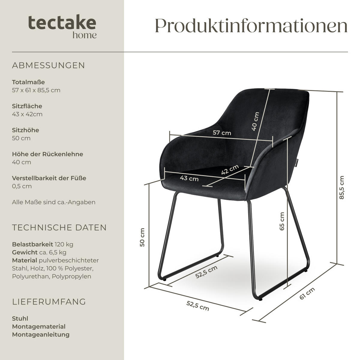 ESSZIMMERSTUHL Jeane,57 x 61 x 85,5 cm, Belastbarkeit 120 kg,Samtoptik schwarz/schwarz - Schwarz/Samtahornfarben, Kunststoff (57/85.5/61cm) - tectake