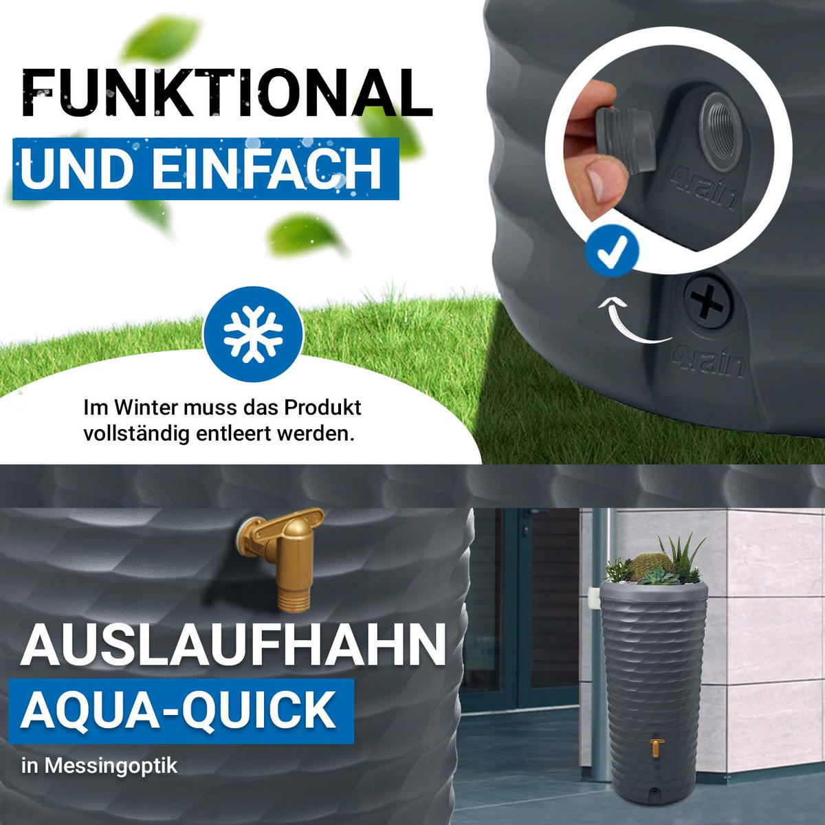 2IN1 Regentonne Komplett-Set 230 L, graphite grey inkl. & Füllautomat - Grau, Kunststoff (59/114/60cm) - 4rain