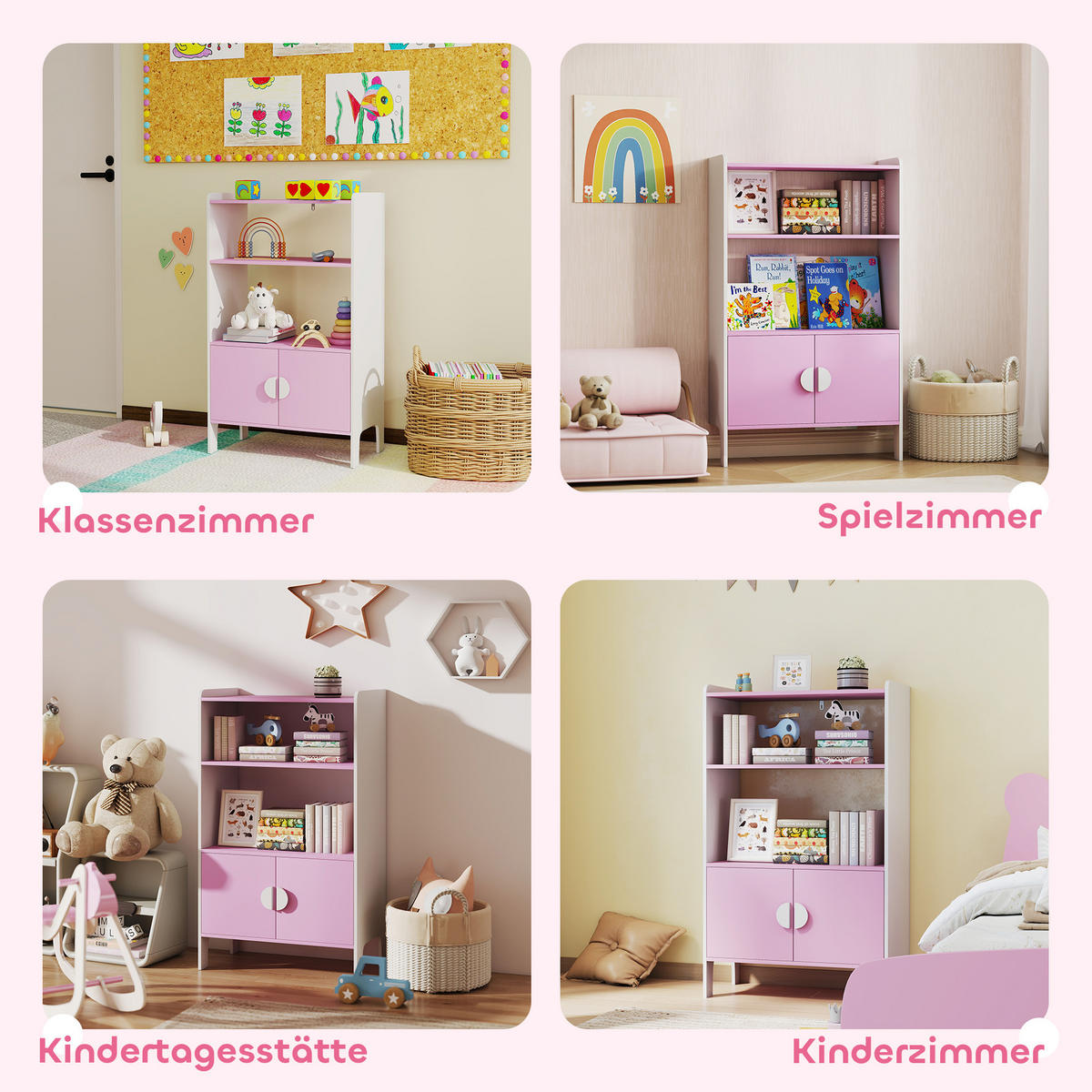 BÜCHERREGAL Kinderregal mit 2 Ablagen und 2 Schranktüren - Weiß/Rosa, Holzwerkstoff (35/100/60cm) - AIYAPLAY