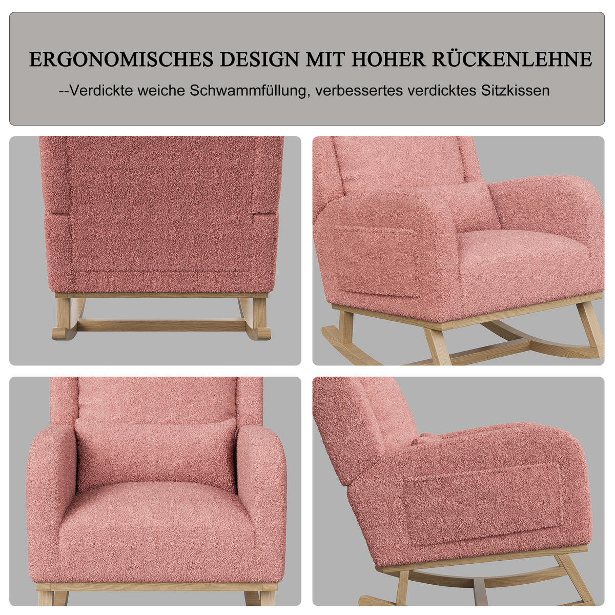 SCHAUKELSTUHL Plüsch Lendenstütze Taschen Holzfüße rosa - Rosa, Holz (52/96/93cm) - LEBENLANG